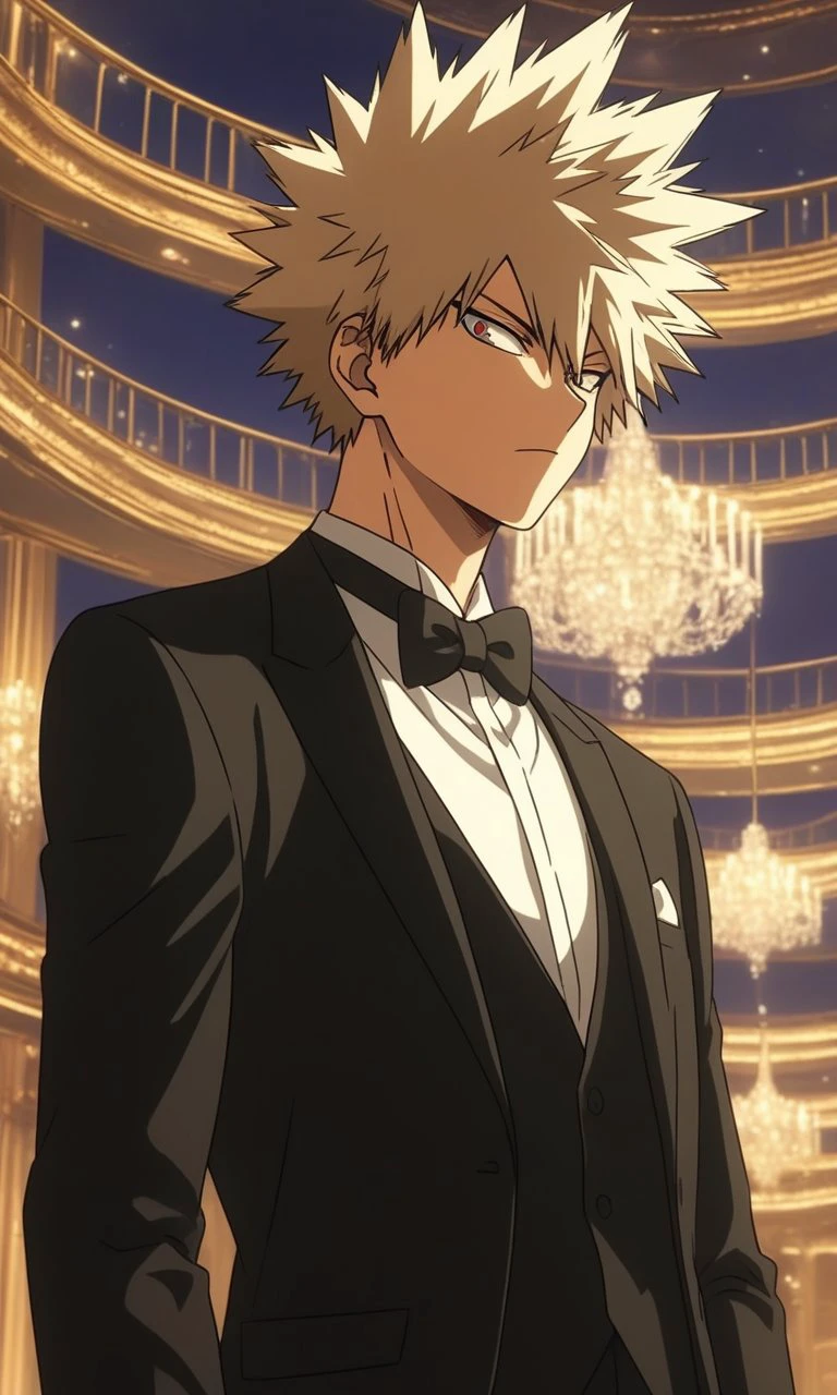 1boy, Katsuki Bakugo from  My Hero Academia, BREAK source_anime , best quality,   wearing a black tuxedo with a bow tie, formal setting,  elegant lighting, evening atmosphere, detailed background  ,  <lora:tuxedo:0.6>