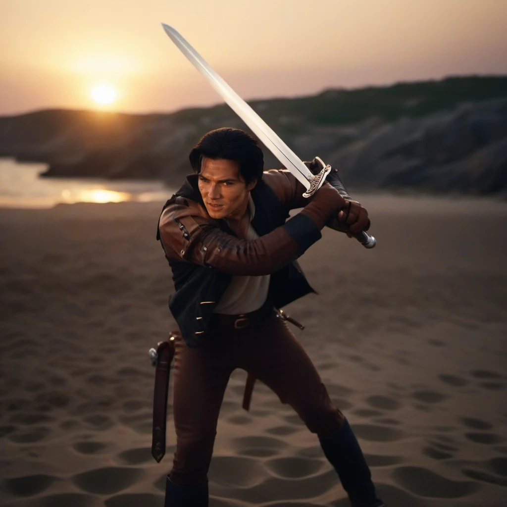 cinematic photo a full body portrait of a man, realistic, black hair, jacket, leather, holding a sword, attacks, beach, sunset <lora:RidleyFreeborn1024:0.8> . 35mm photograph, film, bokeh, professional, 4k, highly detailed