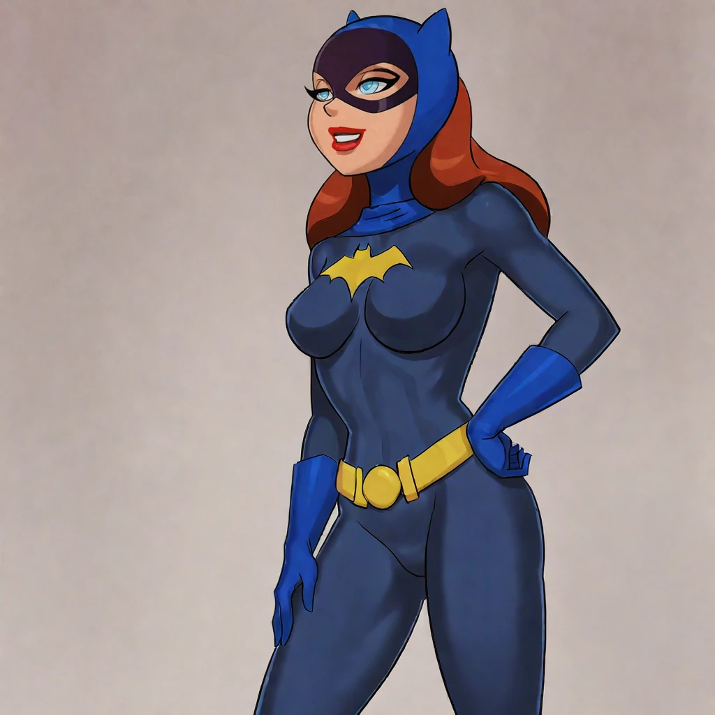 <lora:batgirlbtas_pony_v1:.9>BatgirlDCAU, 1girl,  solo, lipstick,small cape, medium breasts, blue eyes, mask, bodysuit, gloves, superhero, belt, red lips, makeup, long hair, brown hair, hands on hips, cowboy shot