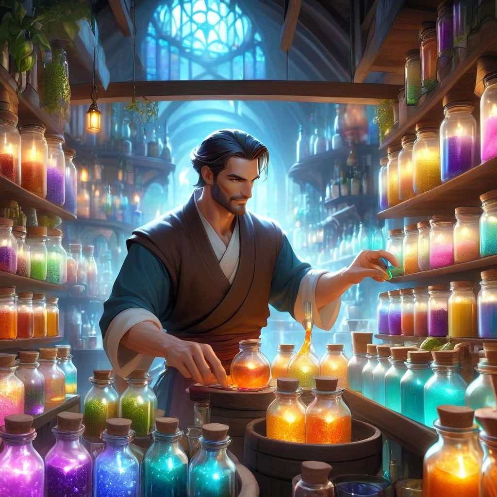 FFAOR, 1man, lively marketplace bustling with colorful stalls, a magical potion vendor mixes glowing elixirs in glass jars