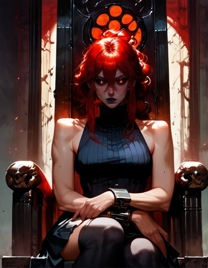 score_9, score_8_up, score_7_up,     detailed background, realistic lighting, sitting on throne, 
1 girl, detailed eyes,slim and fit, solo, dynamic pose,  mature adult female,
Kydra, red hair, hair glow, dark lips, sleeveless turtleneck, skirt, thigh highs, metal cuffs, 
<lora:Kydra-000010:0.8>,
 <lora:Pony - Style - Popyay's Epic Fantasy:1>