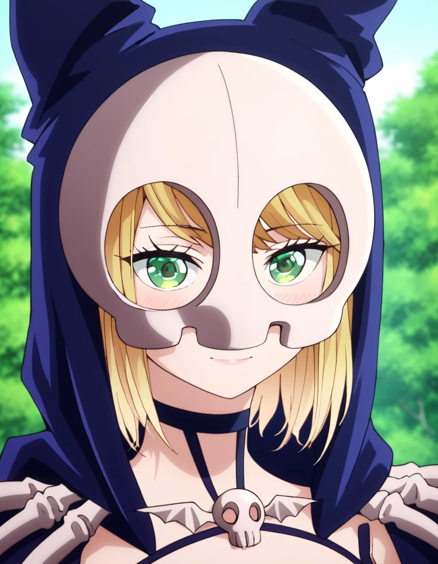 (masterpiece), (best quality), (ultra-detailed), score_9, score_8_up, score_7_up, score_6_up, score_5_up, score_4_up, source_anime,  Desumi_Shinigami, blonde hair, green eyes, short hair, mask, skull, revealing clothes,  portrait, illustration, disheveled hair, detailed eyes, perfect composition, moist skin, intricate details, earrings, score_9, score_8_up, score_7_up, score_6_up, score_5_up, score_4_up, source_anime, Desumi_Shinigami, blonde hair, green eyes, short hair, mask, skull, revealing clothes, portrait, highly detailed, cinematic, artistic, pure aesthetic, glowing