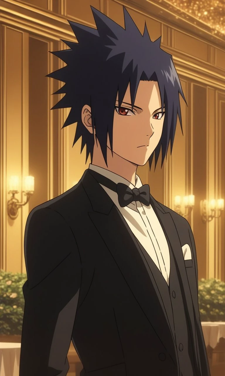 1boy, Sasuke Uchiha from Naruto, BREAK source_anime , best quality,   wearing a black tuxedo with a bow tie, formal setting,  elegant lighting, evening atmosphere, detailed background  ,  <lora:tuxedo:0.6>