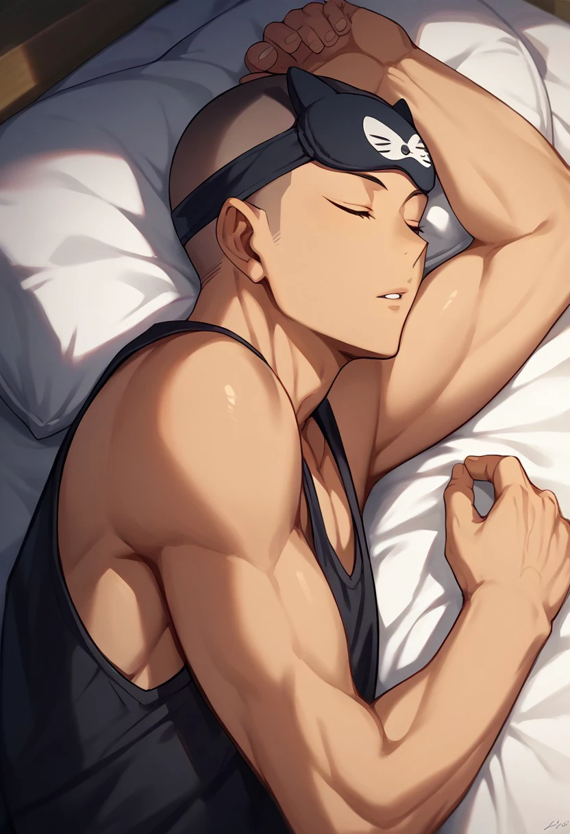 score_9, score_8_up, score_7_up, source_anime, rating_safe, hands with five fingers, Tanaikyu, black buzz cut, 1boy, male focus, tank top, sleep mask, parted lips, lying, on side, bed, indoor bedroom, sleeping,