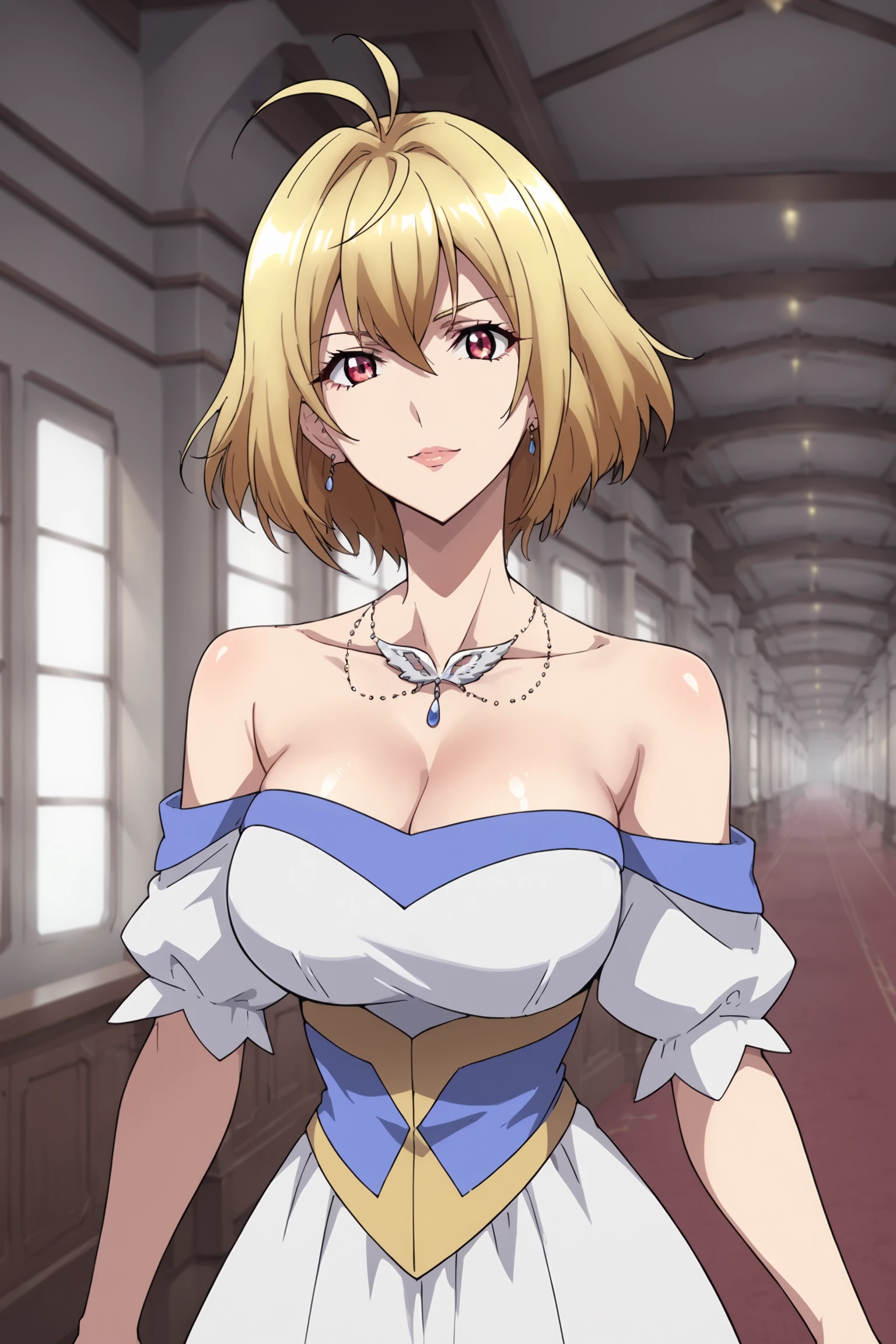 Angelise Ikaruga Misurugi, blonde hair, red eyes, ahoge, necklace, white dress, bare shoulder, collarbone, cleavage, white highheels, <lora:ange:0.8>, score_9, score_8_up, score_7_up, score_6_up, score_5_up, source_anime, rating_safe, medium breasts, indoors, 1girl, solo, looking at viewer, <lora:age_slider_v4:6>, (upper body:1.2), (dynamic pose:1.2)