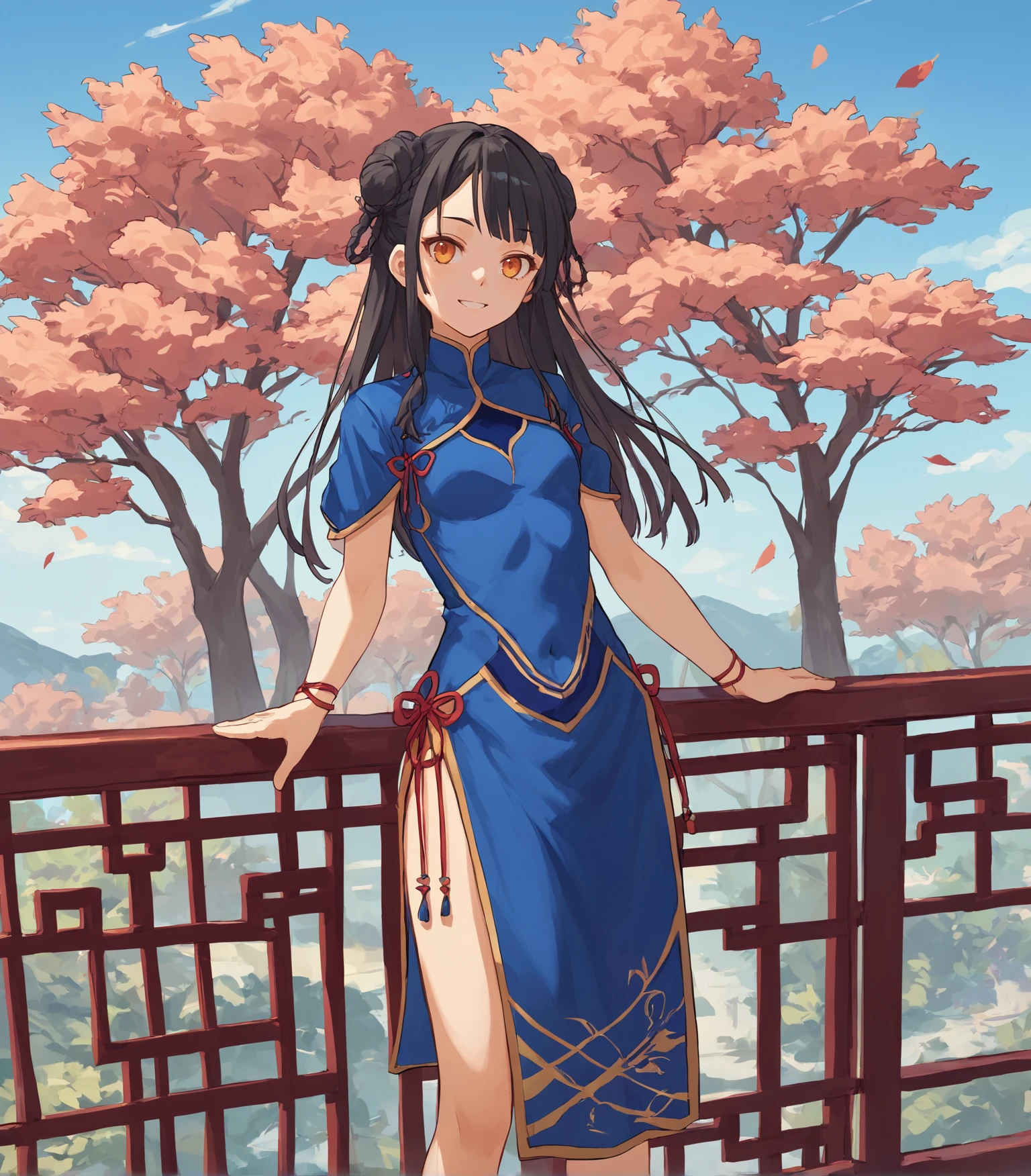 score_9, score_8_up, score_7_up, score_6_up, score_5_up, score_4_up, BREAK source_anime,
1girl, solo,  cowboy shot  looking at viewer, smile, outdoors, sky, trees, 
 <lora:AshenLu:0.9>, Ashen Lu, orange eyes, black hair, long hair, braided buns, small breasts, chinese clothes, china dress, blue dress, red shoes, red ribbons,