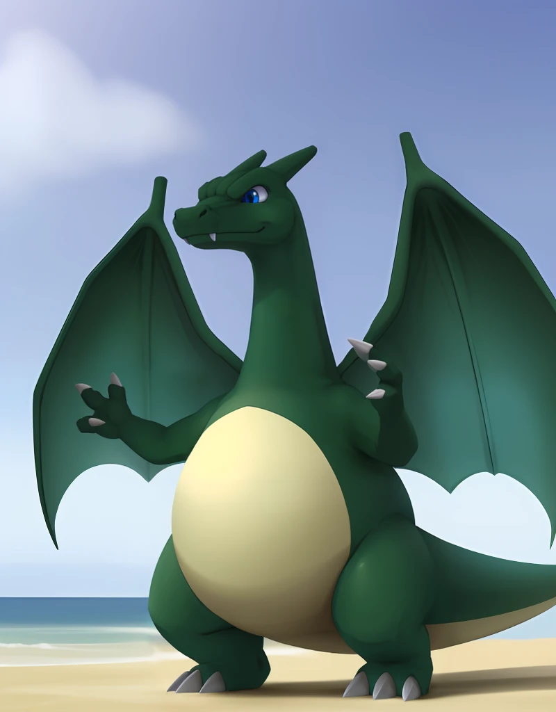 (((detailed eyes, detailed face))), ((feral, green charizard <lora:character_charizard_ssb_findigo_v1:0.9>, green skin, green wings, blue eyes, white claws, 3 fingers), flame-tipped tail, fangs out), male, (solo), (plump, fat, chubby, overweight), (nude), standing, (arms up), smile, (front view) BREAK (konzaburou, ukan_muri), beach, (flat shading, flat color, high brightness), 8k, UHD, masterpiece, (full body)