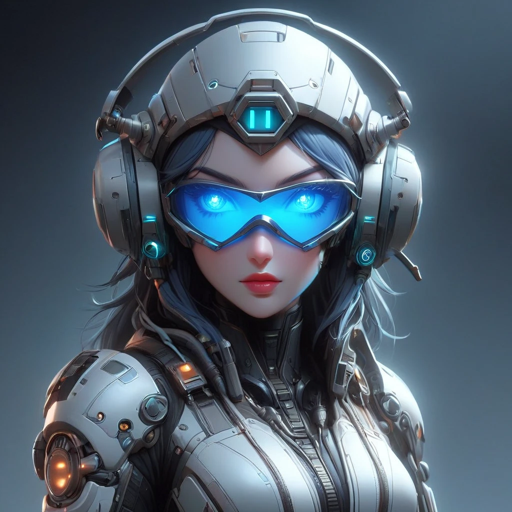 FFAOR, 1woman, sci fi pilot, sci fi equipment, glowing blue visor over eyes