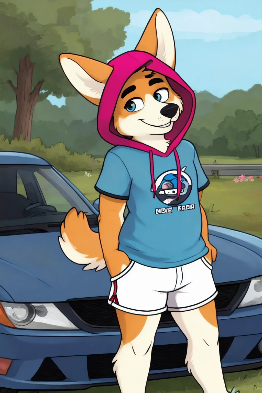 <lora:Elsa:0.7>, elsahb, anthro, corgi, looking at viewer, full body, blue t-shirt, white shorts, pink hood, pose, tail:1.2, outside, car