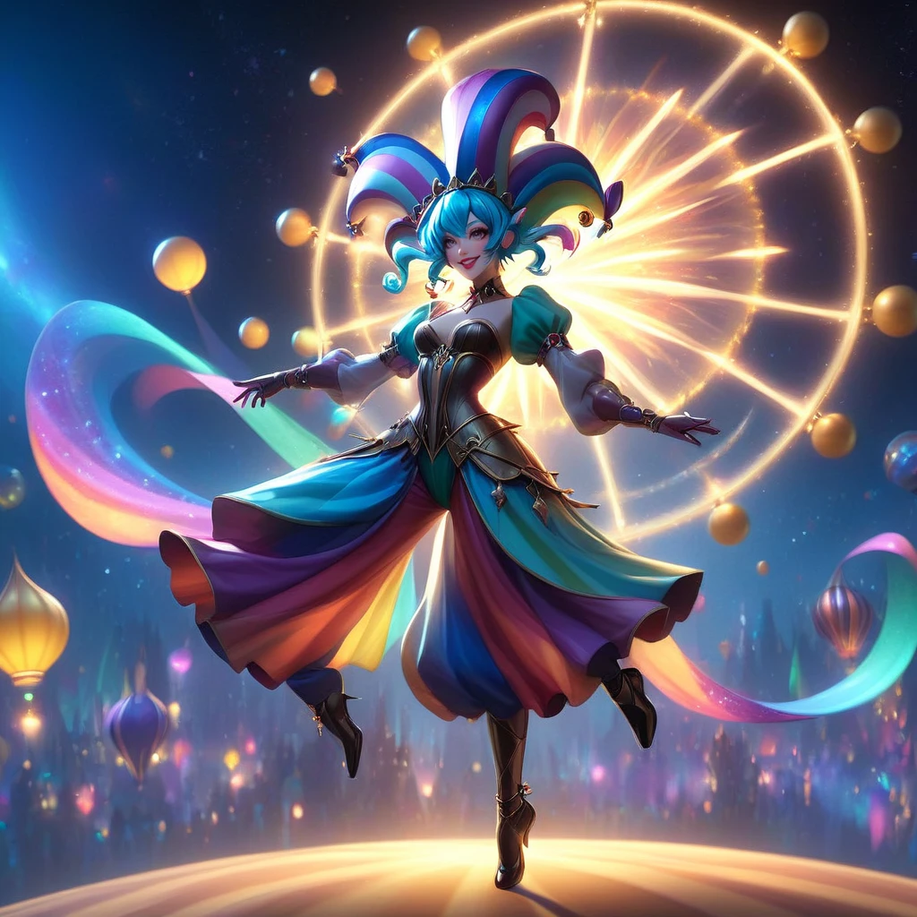 FFAOR, A vibrant jester adorned in a patchwork costume of shimmering fabrics and blinking lights performs daring acrobatics at a galactic carnival. With a jester’s hat twinkling with stars and a painted face, they juggle luminous orbs that burst into solar flares when tossed into the air, realistic anime