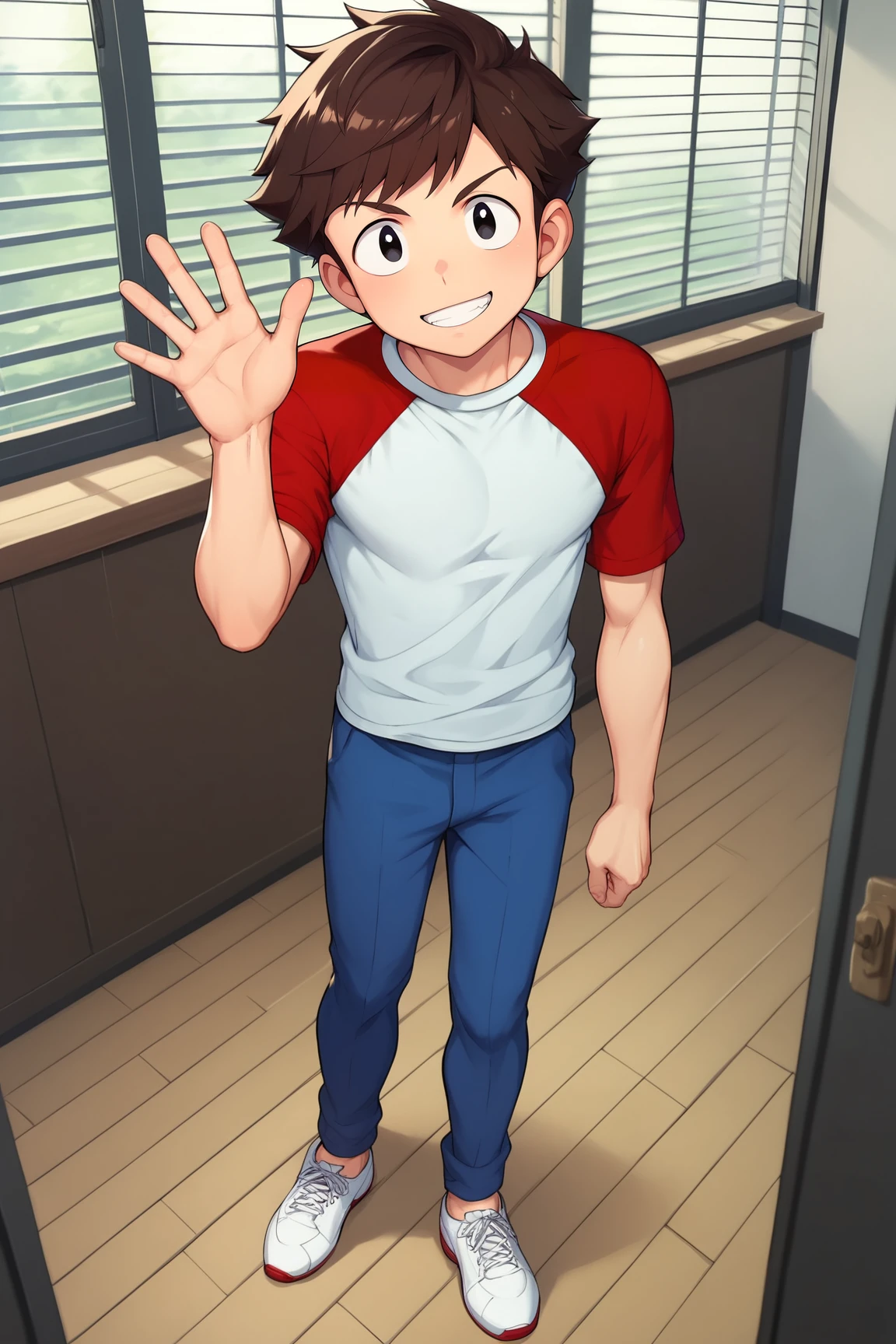 score_9, score_8_up, score_7_up, score_6_up, BREAK, AtaroMoroboshiUYXL, black eyes, brown hair, short hair, pectorals, white shirt, red raglan sleeves, short sleeves, blue pants, white shoes, solo, full body, standing, waving, seductive smile, looking at viewer, indoors  <lora:AtaroMoroboshiUYXL:1>