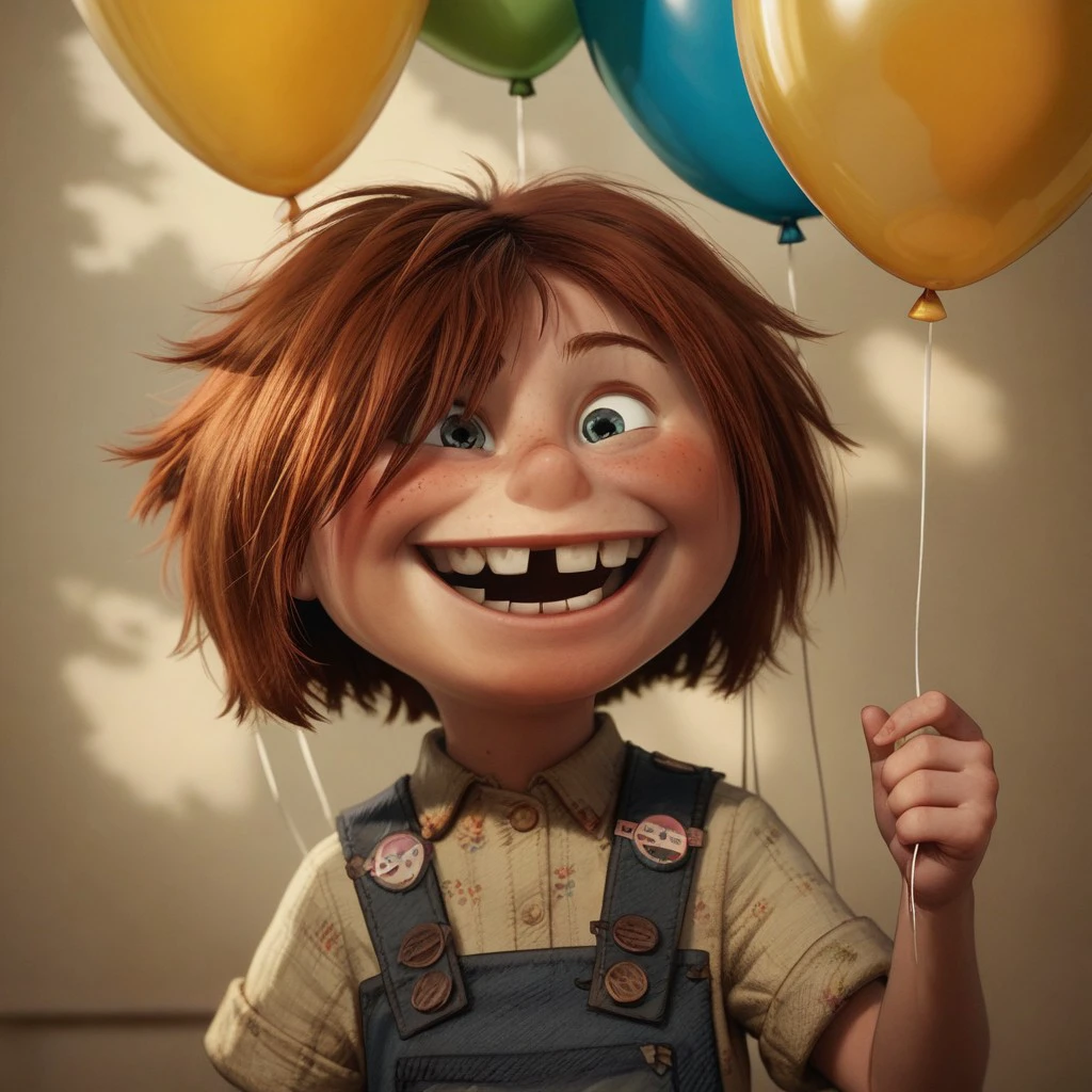 score_9, score_8, score_7, score_6, 1girl, EllieUp, auburn hair, solo, happy, missing tooth, portrait, standing, holding a balloon