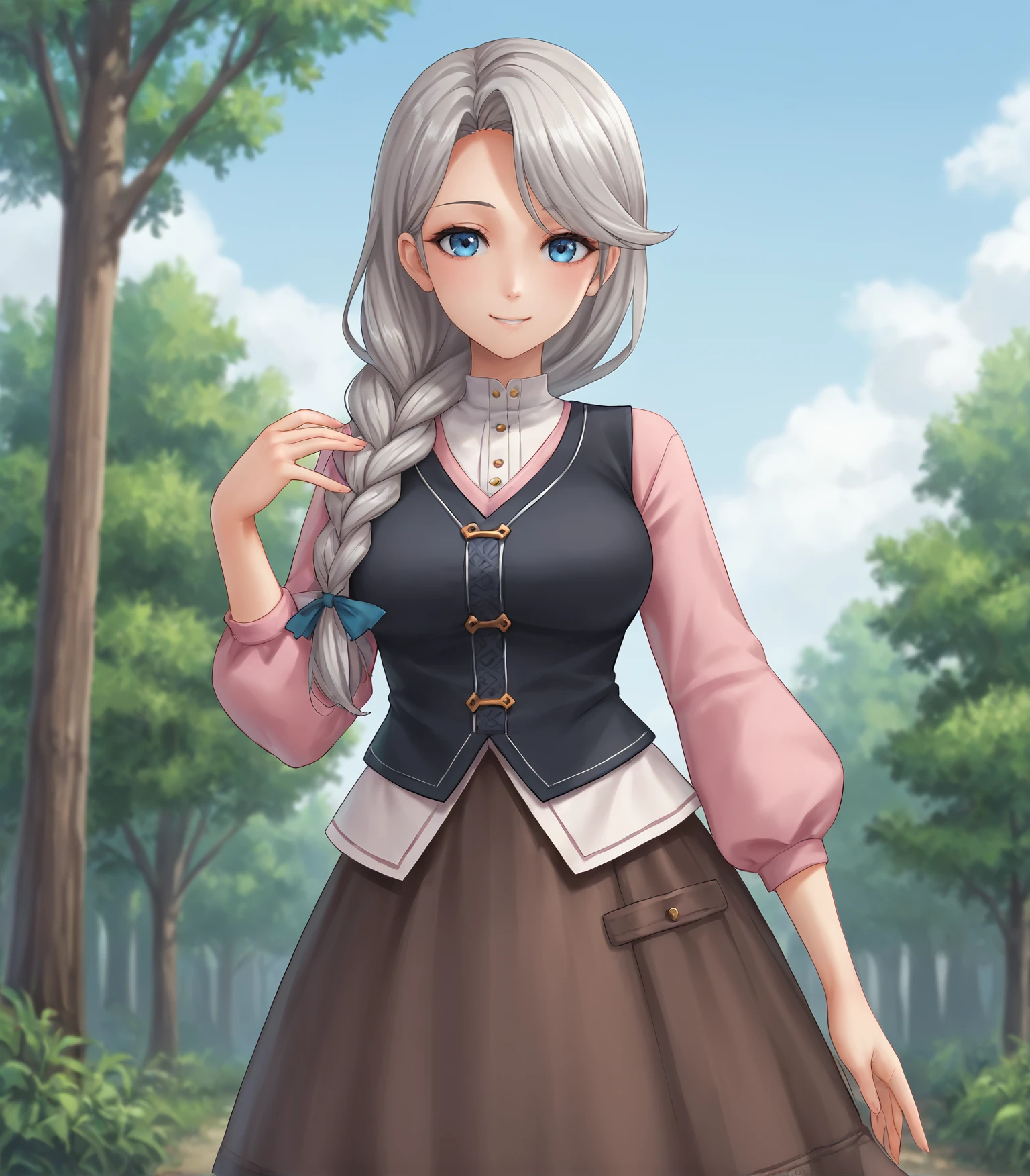 score_9, score_8_up, score_7_up, score_6_up, score_5_up, score_4_up, BREAK source_anime,
1girl, solo, cowboy shot looking at viewer, smile, outdoors, sky, trees,
<lora:Racoonkun_Artist_Style:0.6>, racoonsan,,
<lora:Diana:0.9>, Diana, long hair, grey hair, single braid, hair over one shoulder, hair ribbon, blue eyes, large breasts, black vest, pink shirt, pink sleeves, brown skirt, long skirt, shoes,