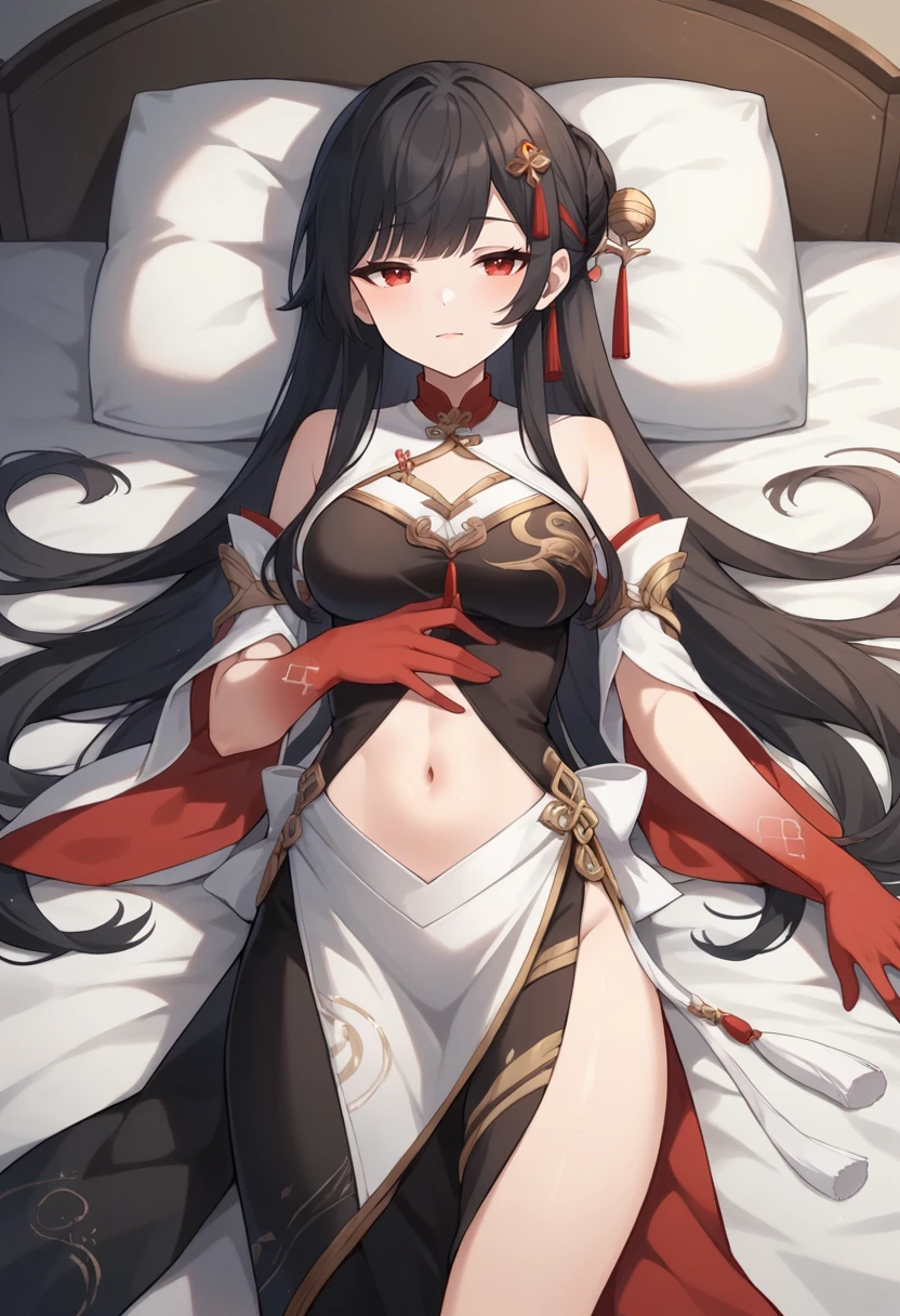 (score_9,score_8_up,score_7_up,),uncensored,
<lora:HSR_LS.V1.4_pony:1>,HSR_LS,1girl,solo,black and white dress,black hair,red hand,looking at viewer,smile,detached sleeves,closed mouth,gold striped dress,red eyes,hairpin,white silk bracelet,navel,cowboy_shot,looking_at_viewer,face_focus,(narrowed eyes:1.2),indoor,bedroom,bed,lying,on back,legs up,chinese room,