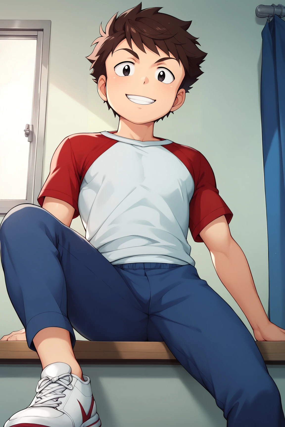 score_9, score_8_up, score_7_up, score_6_up, BREAK, AtaroMoroboshiUYXL, black eyes, brown hair, short hair, pectorals, white shirt, red raglan sleeves, short sleeves, blue pants, white shoes, solo, sitting, bellow view, seductive smile, looking at viewer, indoors  <lora:AtaroMoroboshiUYXL:1>