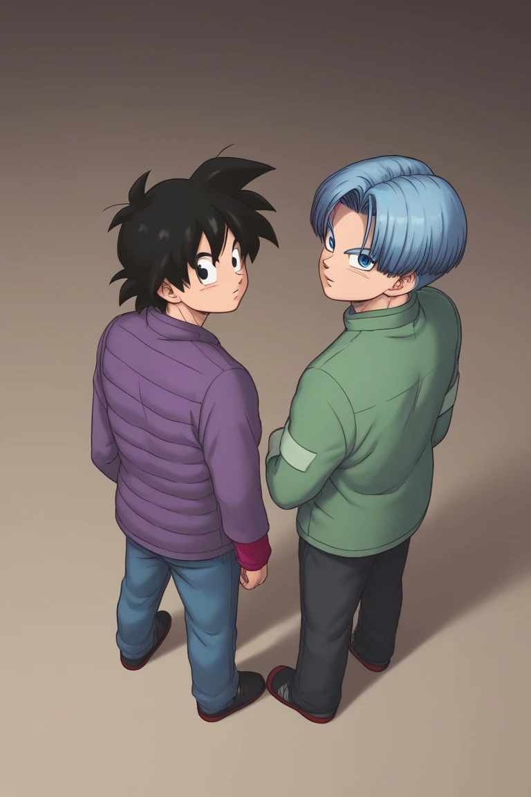 score_9, score_8_up, score_7_up, score_6_up, masterpiece, best quality, amazing quality, best aesthetic, absurdres, intricate details, multiple boys, 2boys,
goten_super, black hair, black eyes, trunks_super, blue hair, blue eyes, back-to-back,from above, looking at viewer, full body, standing<lora:EMS-446676-EMS:1.000000>