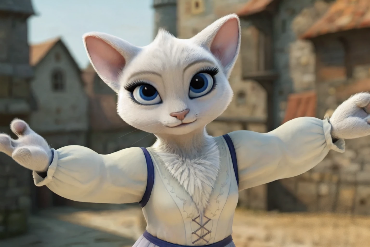 <lora:Dulcinea:0.7>, Dulcinea, cat, furry, looking at viewer, female focus, blurry background,  <lora:add_brightness:0.5>, outside, medieval, pose, spread arms