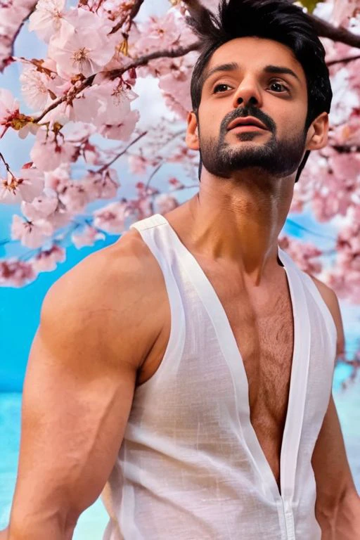 realistic, masterpiece, intricate details, detailed background, depth of field, photo of  karan soni a man <lora:karan-wahi_karan-soni:1>, beard, dynamic pose, cherry blossom,