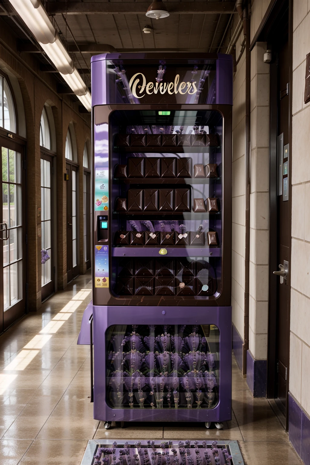 <lora:ChocolateLavenderWorld:1> ChocolateLavenderWorld vending machine in a school hallway