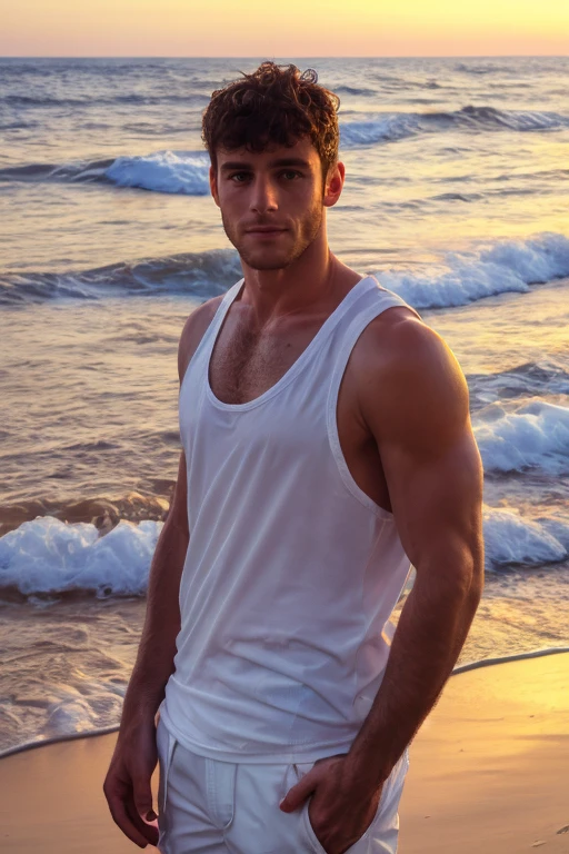 photograph of a man,High resolution handsome guy, highly detailed, white tank top, (look at viewer) bokeh background, at beach, sunset, morning, sunburnt,  <lora:add_detail:0.7>   <lora:yuvalsliper:0.8> yuvalsliper, (perfect eyes), (masterpiece,best quality:1.5)