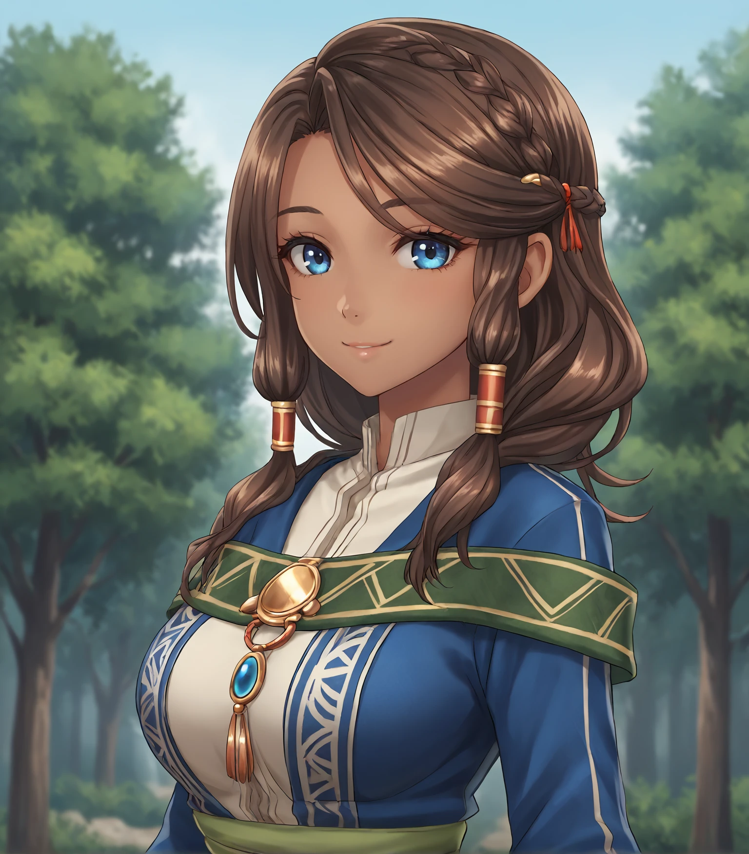 score_9, score_8_up, score_7_up, score_6_up, score_5_up, score_4_up, BREAK source_anime,
1girl, solo, upper body, portrait looking at viewer, smile, outdoors, sky, trees,
<lora:Racoonkun_Artist_Style:0.6>, racoonsan,,
<lora:FatmaWorzel:0.9>, Fatma Worzel, brown hair, long hair, blue eyes, braid, hair ornament, hair tubes, dark-skinned female, large breasts, blue dress, brown boots, jewelry,