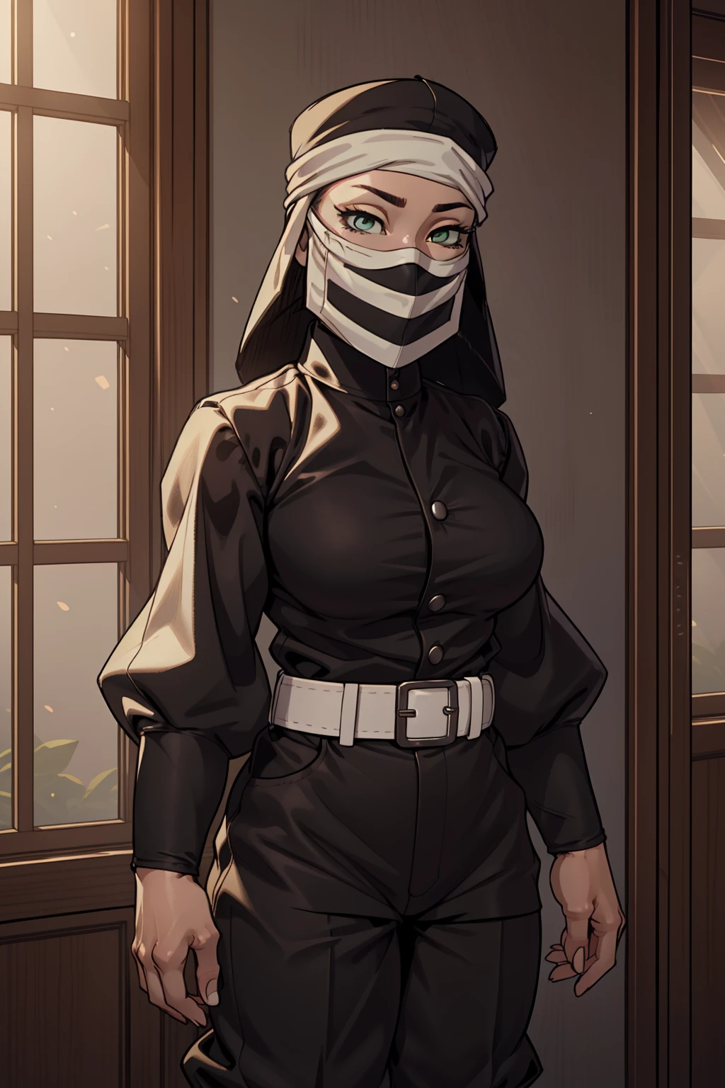 Best_QualityPos, RAW photo, intricate details, best quality, 8k uhd, soft lighting, 1girl, solo, dskakushi, green eyes, hat, mask, mouth mask, gakuran jacket, long sleeves, puffed sleeves, white belt, hakama pants, (black clothes:1.2) <lora:Kakushi:0.6>