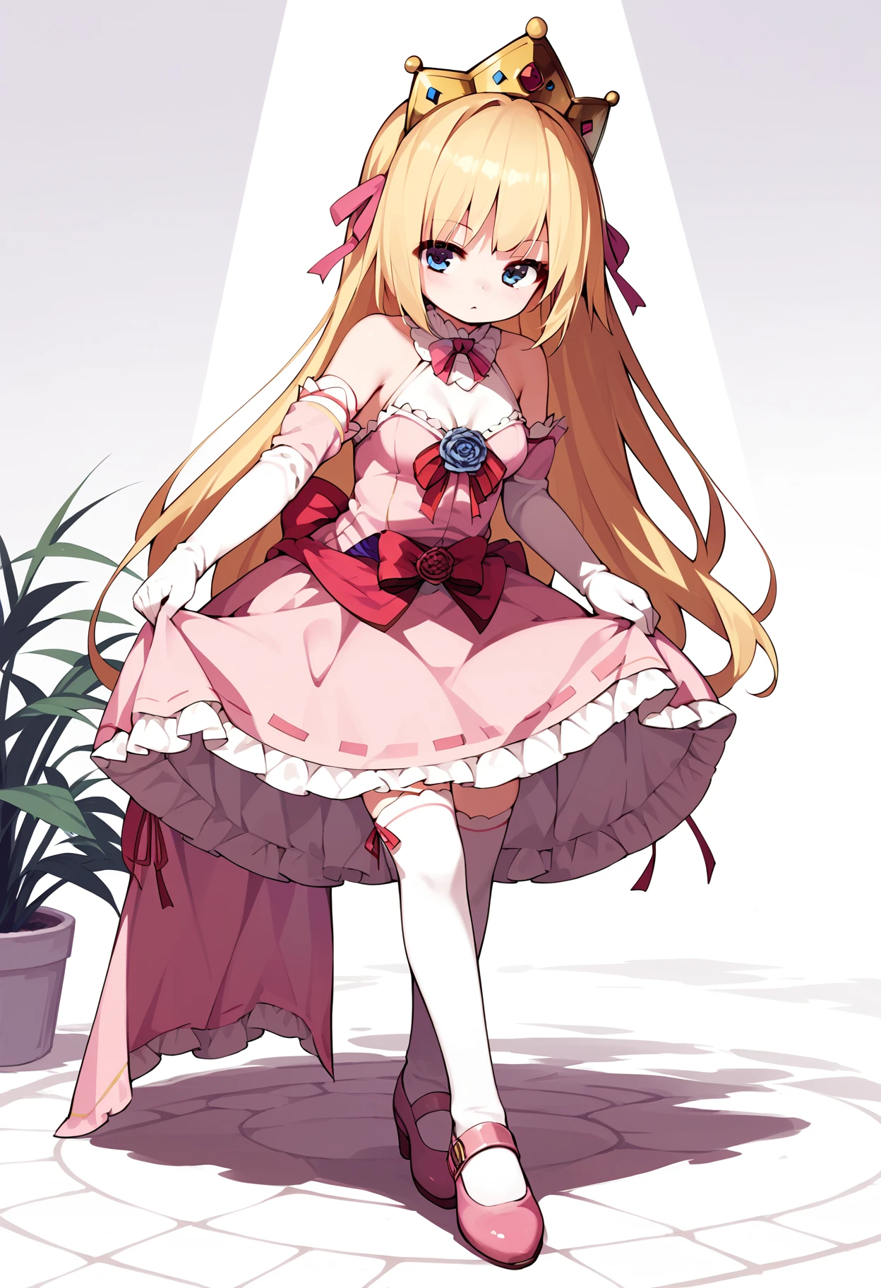 score_9, score_8_up, score_7_up,source_anime,anatomically correct,best perspective BREAK
1girl, solo, 
 <lora:PrincessRutee:1>  rutee, blonde hair, long hair, blue eyes, thighhighs, dress, pink dress, crown, gloves, elbow gloves, white gloves, ribbon, detached sleeves, pink footwear,  <lora:skirt_hold_bowing_d16:1> skirt hold bowing,crossed legs,leaning forward