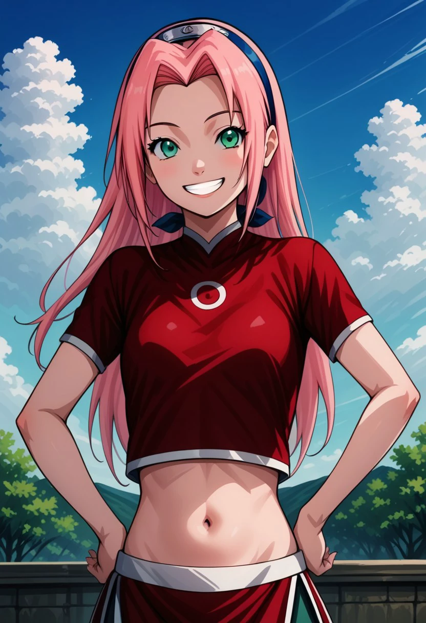 score 9, score 8 up, score 7 up,masterpiece_portrait, high quality, masterpiece_portrait, high quality, anime coloring, naruto, haruno sakura, solo, navel, pink hair, smile, hands on hips, midriff, green eyes, crop top, red shirt, outdoors, looking at viewer, sky, stomach, day, shirt, long hair, short sleeves, cloud, breasts, blue sky, grin, small breasts, hair intakes, standing, forehead protector,hairband, bangs, skirt