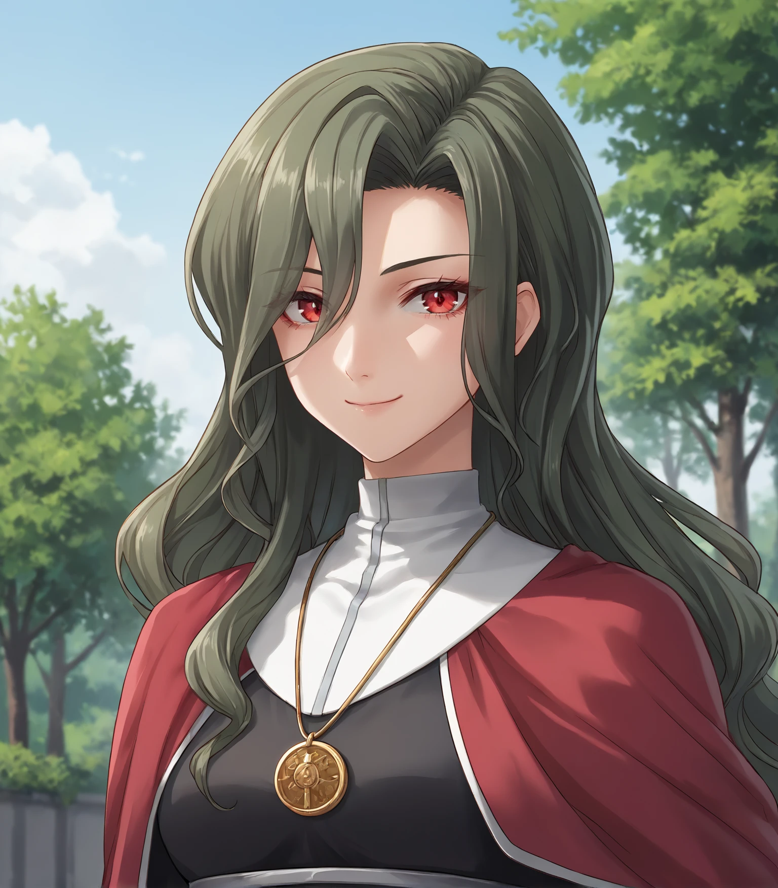 score_9, score_8_up, score_7_up, score_6_up, score_5_up, score_4_up, BREAK source_anime,
1girl, solo, upper body, portrait looking at viewer, smile, outdoors, sky, trees,
<lora:Racoonkun_Artist_Style:0.6>, racoonsan,,
<lora:EinSelnate:0.9>, Ein Selnate, dark green hair, long hair, red eyes, medium breasts, black dress, necklace, long sleeves, black pantyhose, grey high heels, red cape,