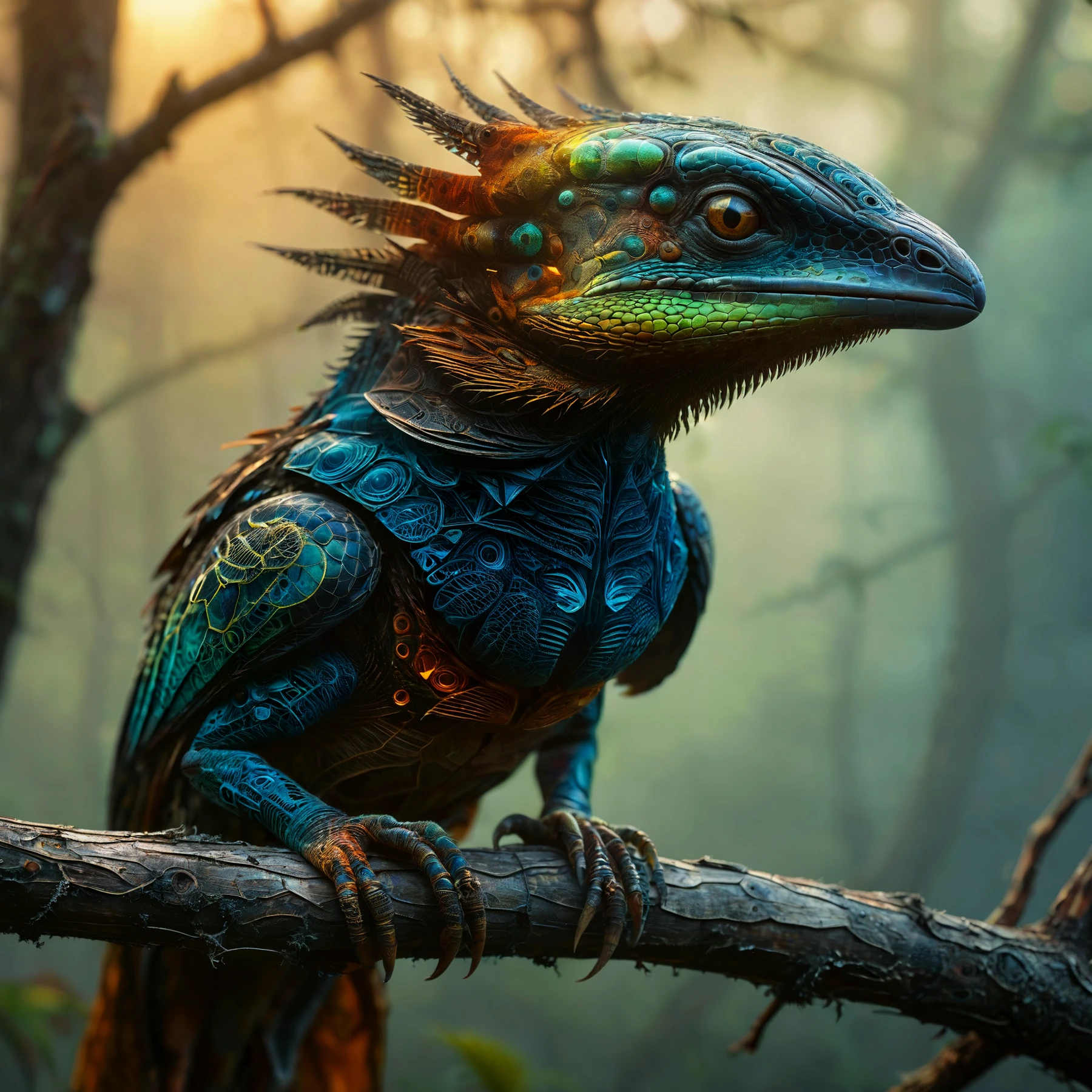 Closeup of an alien lizard bird resting on a branch in a forest. Sunset. Atmospheric, rustic, moody, misty.

<lora:Twixt01_CE_SDXL:1.2> twxtCE