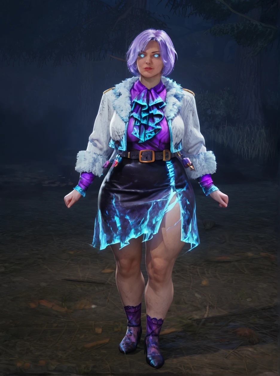 score_9, score_8_up, score_7_up, masterpiece,asian, 1girl, solo, asian,  short hair, purple hair, glowing body, belt, blue eyes, glowing eyes, skirt, fur trim,  white jacket<lora:Yun_Jin_Lee_-_Dead_by_Daylight:1>,  gigantic breast, huge ass, hyper hips, thick body, mature,  <lora:HKHorrorXL:1>  <lora:sn0wStyle:1> upper body, dynamic pose,