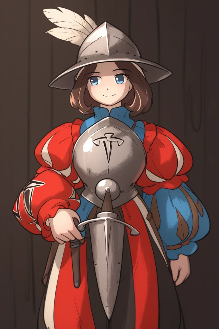 score_9, score_8, score_7, score_6, 1girl, armor, blue eyes, boobplate, breastplate, brown hair, chaperon hat, closed mouth, codpiece, english text, faulds, hat, hat feather, ironlily, katzbalger, landsknecht, landsknecht (ironlily), long sleeves, medium hair, original, puff and slash sleeves, puffy long sleeves, puffy sleeves, scabbard, sheath, sheathed, smile, solo, tassets, weapon, ironlilyStyle