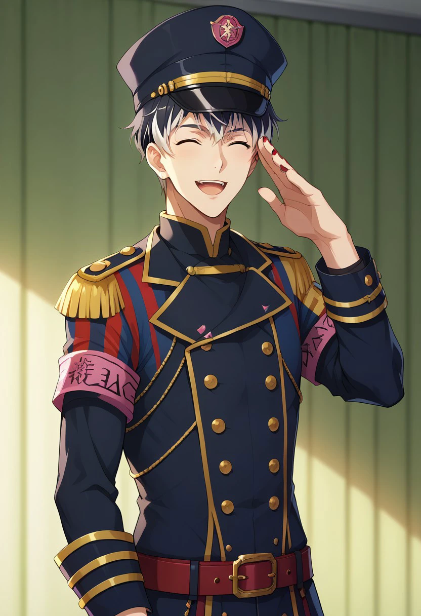 score_9, score_8_up, score_7_up, source_anime, highly detailed,
momosesunohara, 1boy, male focus, hat, solo, uniform, nail polish, red nails, military, military uniform, black hair, white hair, two-tone hair, looking at viewer, single armband, belt, epaulettes, smile, salute,
closed eyes, buttons, smile, open mouth, military hat, double-breasted, upper body,
indoor, stage,