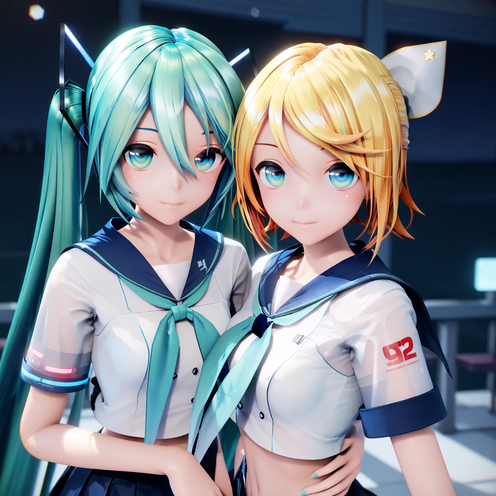 2girls, arm_tattoo, yybrin, yybmiku, (serafuku:1.1), school_uniform, looking_at_viewer, blonde_hair, blue_hair, 
indoors, 
score_9, score_8_up, score_7_up, 8k, masterpiece, best quality, perfect anatomy, very aesthetic, absurdres, intricate detailed,