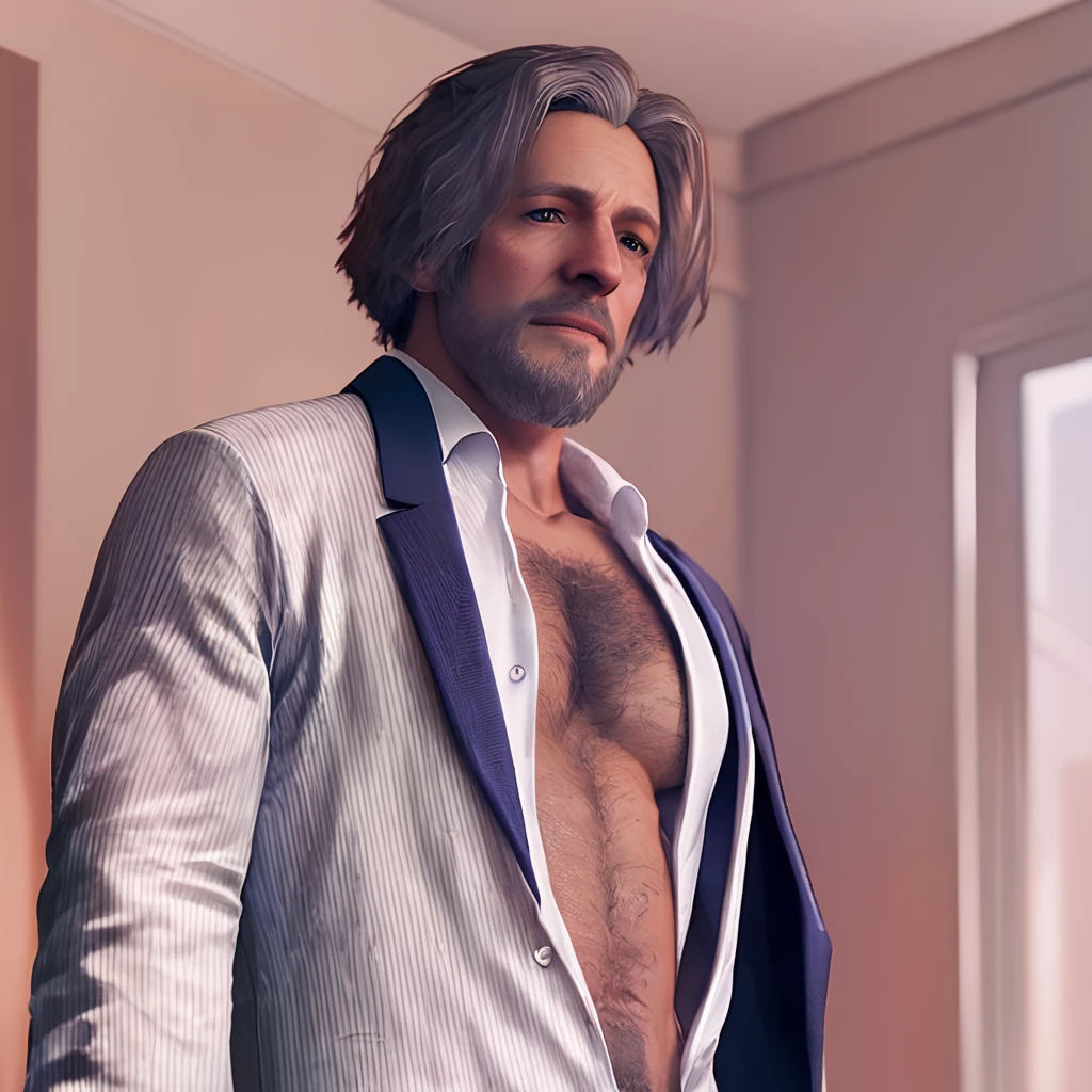 score_9, score_8_up, score_7_up,score_6_up, 1boy, realistic,good quality,hd,man, hank, <lora:hank-50:0.8>, formal, open shirt, pectorals,((chest hair))