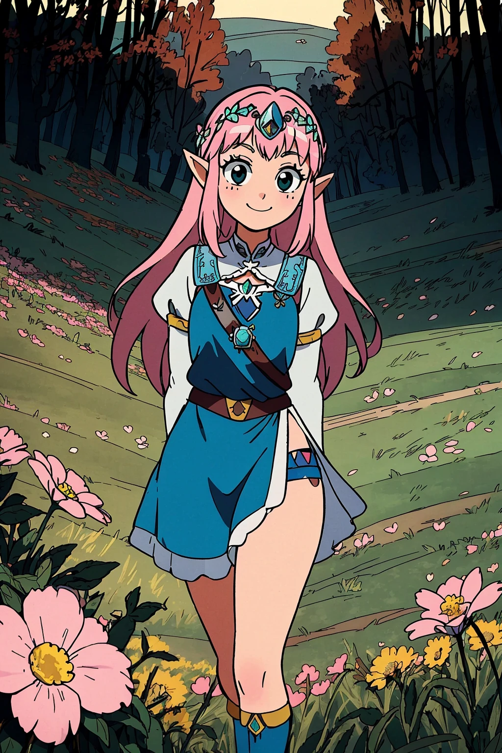 masterpiece, ultra-detailed, best quality, illustration, 8k cg wallpaper, an extremely delicate and beautiful, 1girl, Princess Zelda /(The Legend of Zelda/), solo, perfect anatomy, smiling, blushing, perfect arms, perfect legs, cute, pretty, beautiful, sexy, perfect body, (background: flowery field, grass, trees, flowers, ruins, intricately detailed items in background), <lora:OtGW:1>