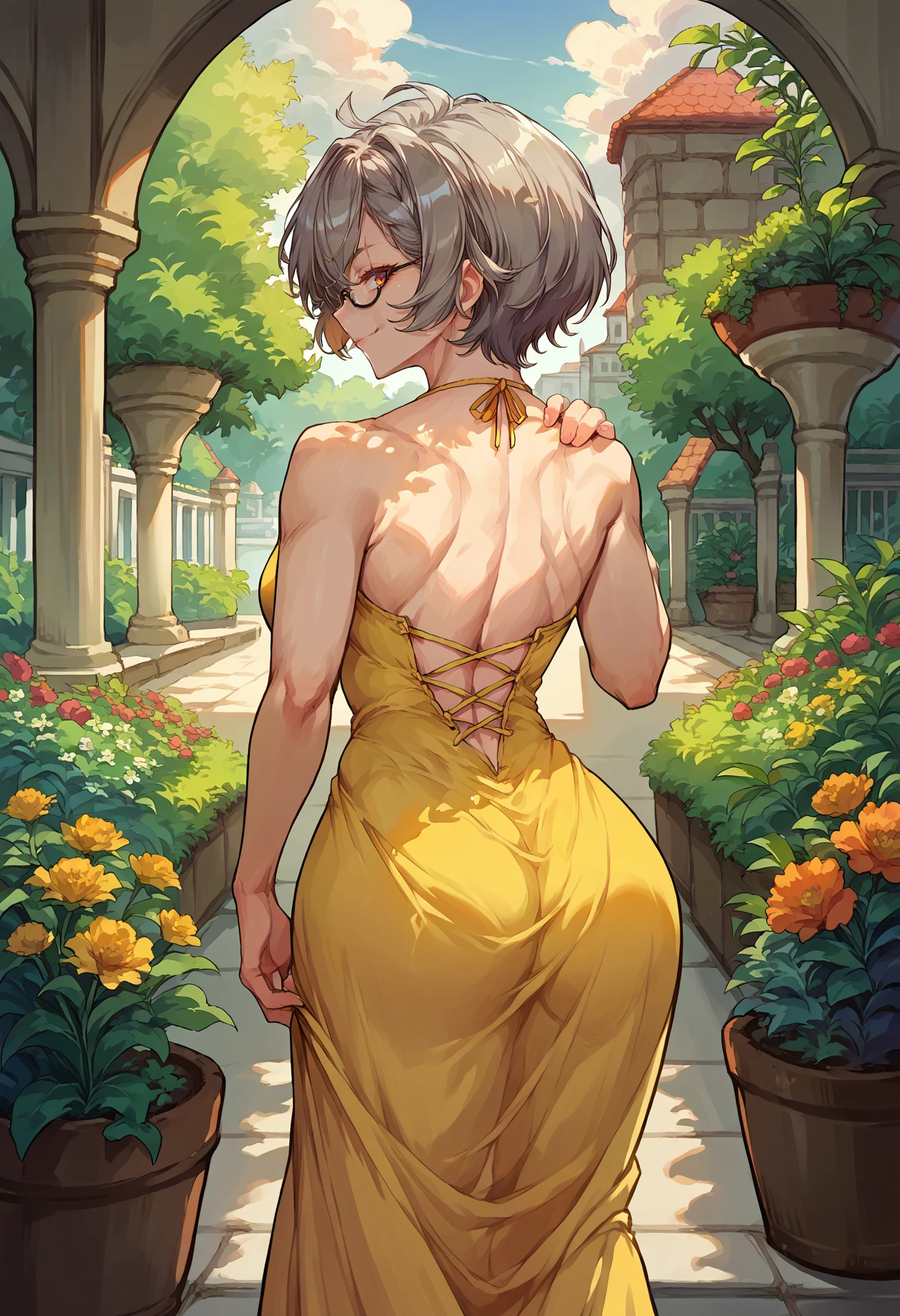 score_9, score_8_up, source_anime, 1girl, solo, Saruei, grey hair, glasses, scar across eye, short hair, from behind, yellow sundress, garden, day, sunshine, smile, looking back, <lora:ChamSarueiPonyXL:1>