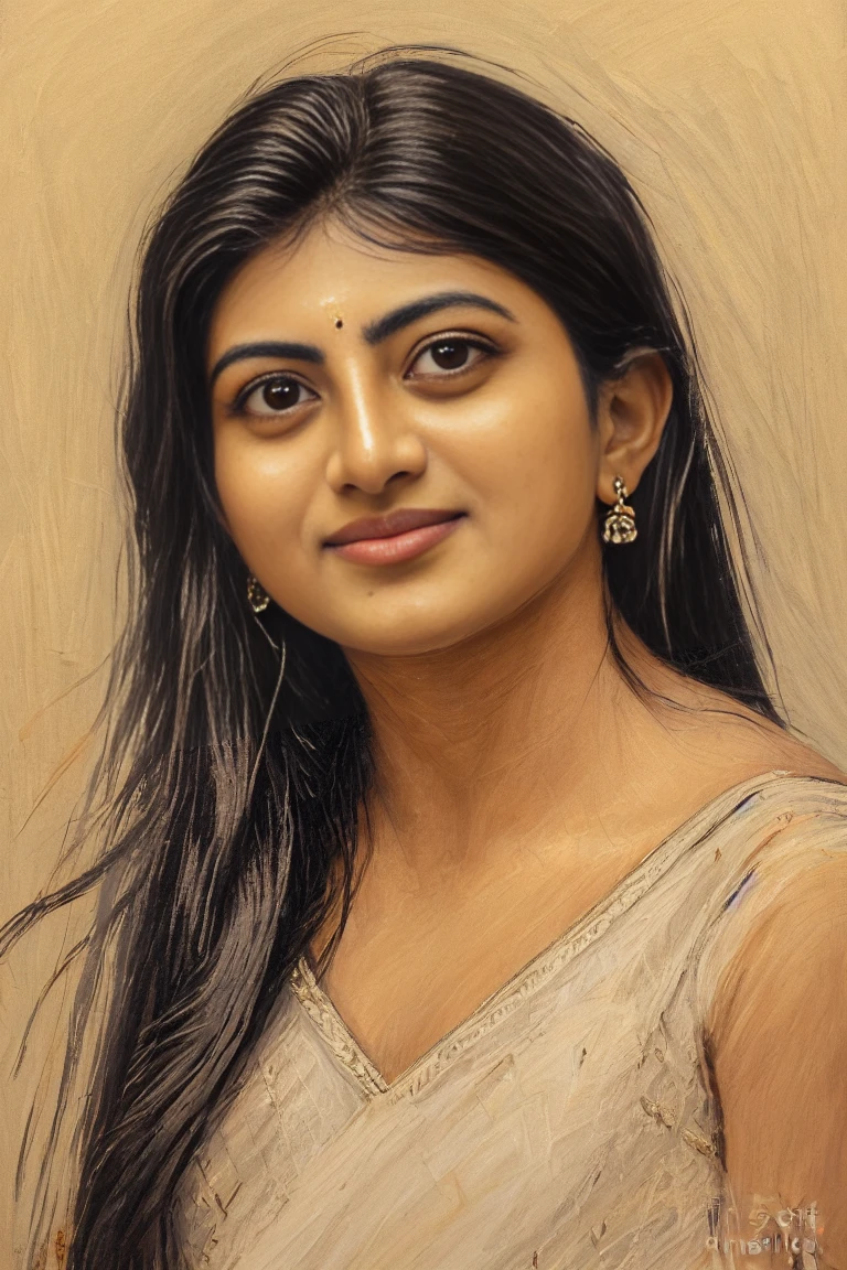 KayalAnandhi,<lora:KayalAnandhiSD1.5:1> A Photograph of a captivating female portrait exhibiting intricate details and lifelike realism, with delicate brush strokes and rich warm tones.