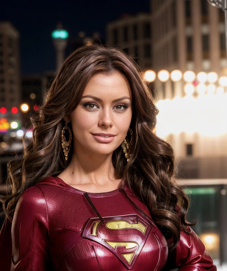 cinematic photo  <lora:quiron_CrissyMoran_v010320_Lora:0.77> crissyMoranQuiron woman, brown hair, solo, realistic, brown eyes, long hair, looking at viewer, lips, earrings, smile ,  MakeUp,, cosplay Supergirl (Linda Danvers) - DC Comics, ,  . 35mm photograph, film, bokeh, professional, 4k, highly detailed