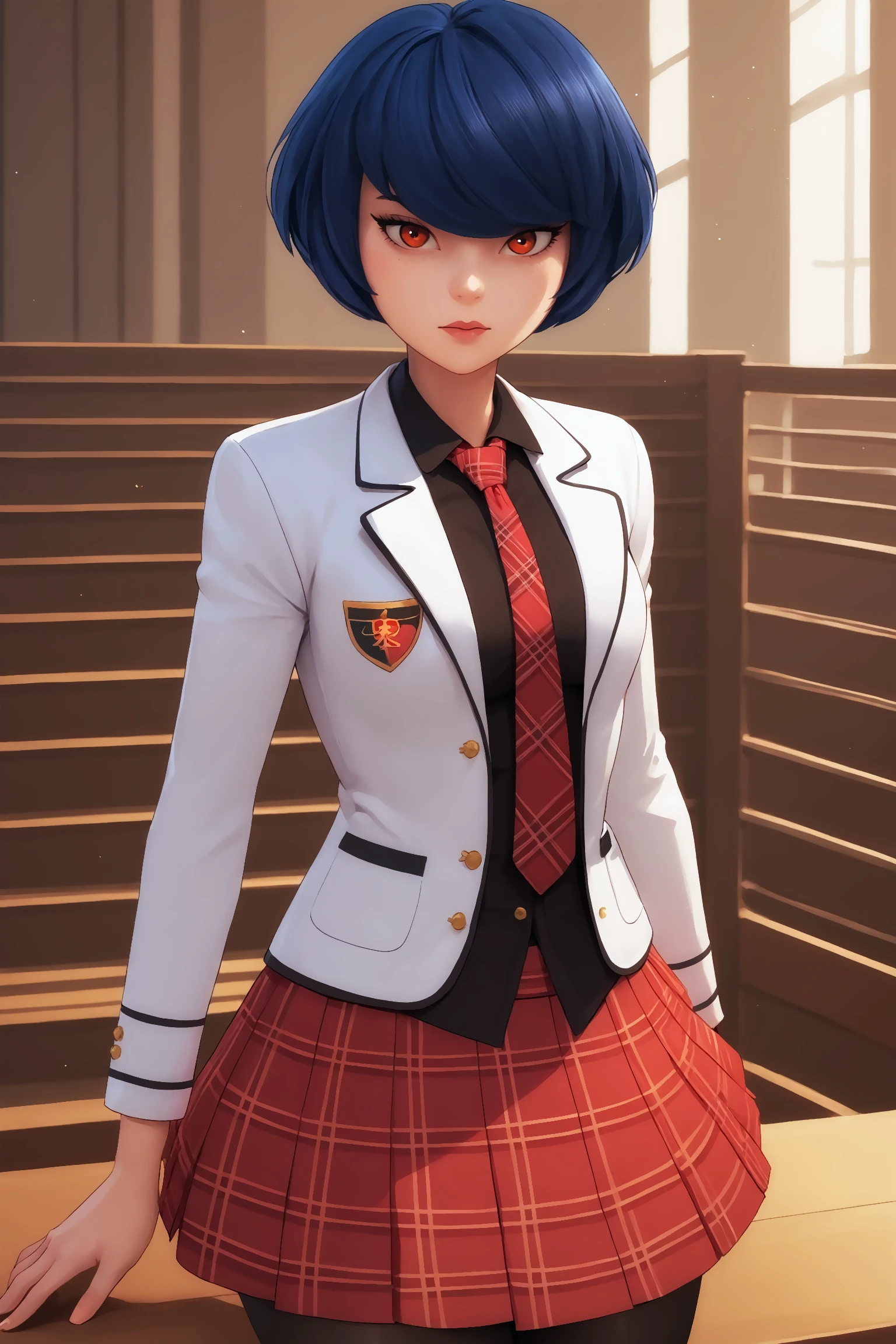 score_9, score_8_up, score_7_up, BREAK, imtdtsukag, adult, 1girl, short hair, solo, brown eyes, blue hair, plaid necktie, plaid skirt, jacket, collared shirt, red necktie, school uniform, swept bangs, bob cut, light freckles, pantyhose, blazer, large breast, wide hips, fit body, rating_questionable.
