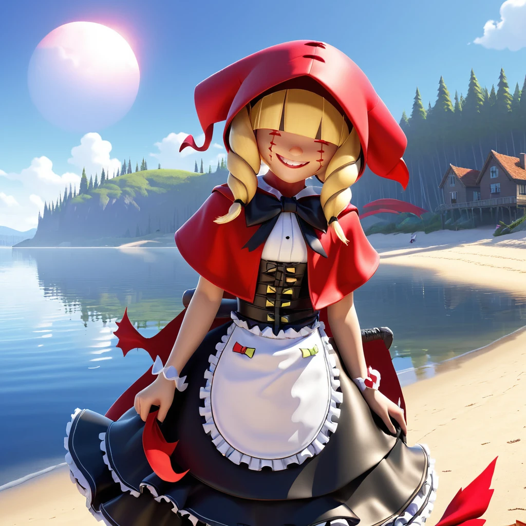 sfw, masterpiece, best quality,absurderes,3d,pixar,cartoon,portrait,1girl,solo,chaperomon, grin,hair over eyes blonde hair,maid dress,stitched face,red hood,outdoors,lake,beach,sky,sun, <lora:ChaperomonXL:0.95>