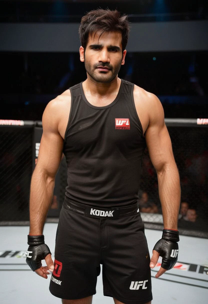 homoerotic photo of sendhil ramamurthy a man <lora:karan-tacker_sendhil-ramamurthy:1>, UFC fighting ring, cocky expression, as a UFC fighter, (black muscle shirt:1.4), Venum UFC shorts, ((full body portrait)), wide angle, ((masterpiece)), natural skin, natural body muscle definitions, adobe lightroom, photolab, intricate, highly detailed, sharp focus, insane details, intricate details, hyperdetailed, low contrast, soft cinematic light, exposure blend, dim colors, dim light,  Award - winning, with Kodak Portra 800, a Hasselblad 500 ,55mm f/ 1.9 lens, extreme depth of field, available light, high contrast, Ultra HD, HDR, DTM, 8K,