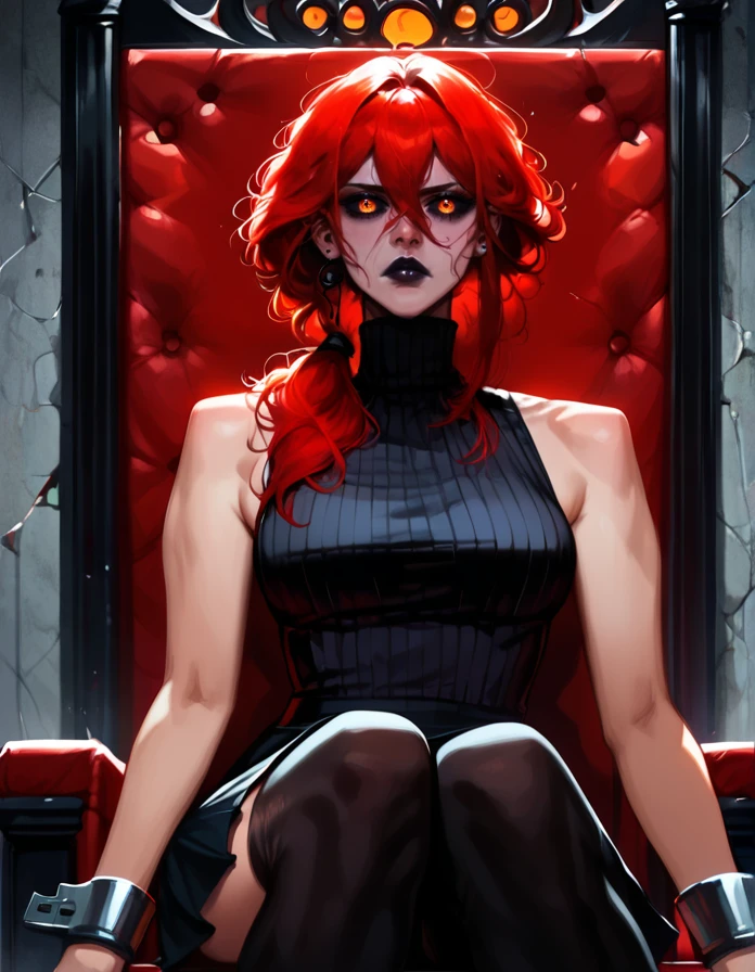 score_9, score_8_up, score_7_up,     detailed background, realistic lighting, sitting on throne, 
1 girl, detailed eyes,slim and fit, solo, dynamic pose,  mature adult female,
Kydra, red hair, hair glow, dark lips, sleeveless turtleneck, skirt, thigh highs, metal cuffs, 
<lora:Kydra-000010:0.8>,
 <lora:Pony - Style - LeraPi:1>, aleriia,