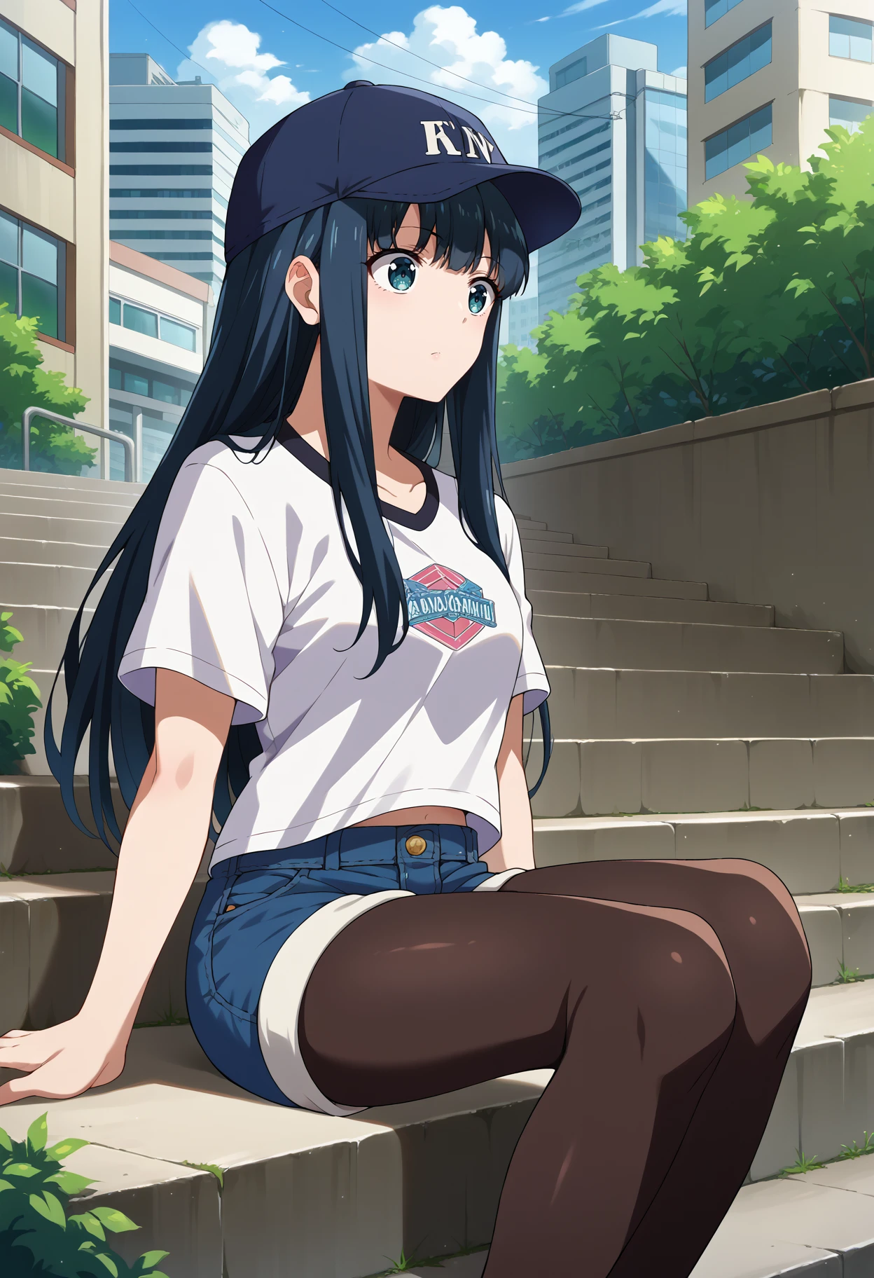 score_9, score_8_up, source_anime, 1girl, solo, SuzuneInukami, long hair, sidelocks, baseball cap, graphic tee, denim shorts, pantyhose under shorts, sitting, stairs, outdoors, city, <lora:ChamSuzuneInukamiPonyXL:1>