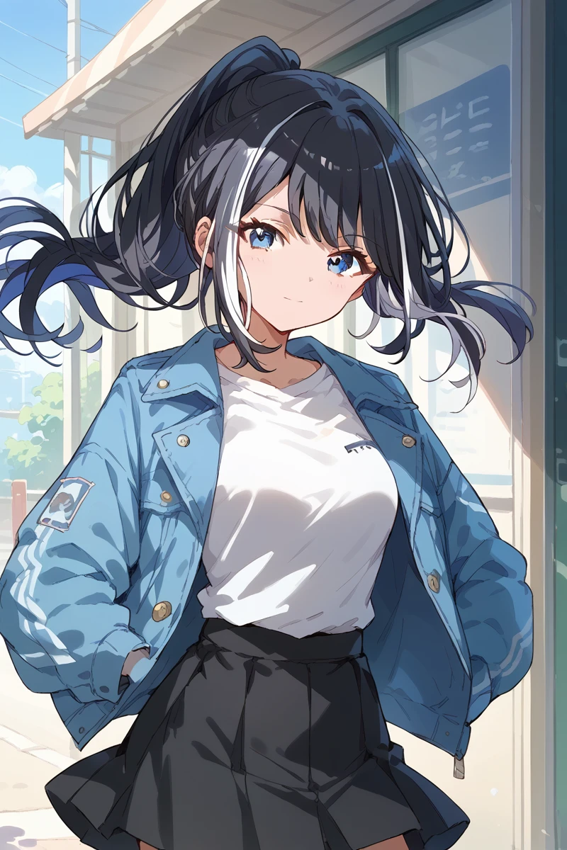 score_9, score_8_up, score_7_up, score_6_up, 1girl, 
 <lora:Kuina_Moriyasu:0.9> kuina, solo, black hair, skirt, jacket, black skirt, blue eyes, shirt, ponytail, white shirt, looking at viewer, multicolored hair, blue jacket, streaked hair, white hair