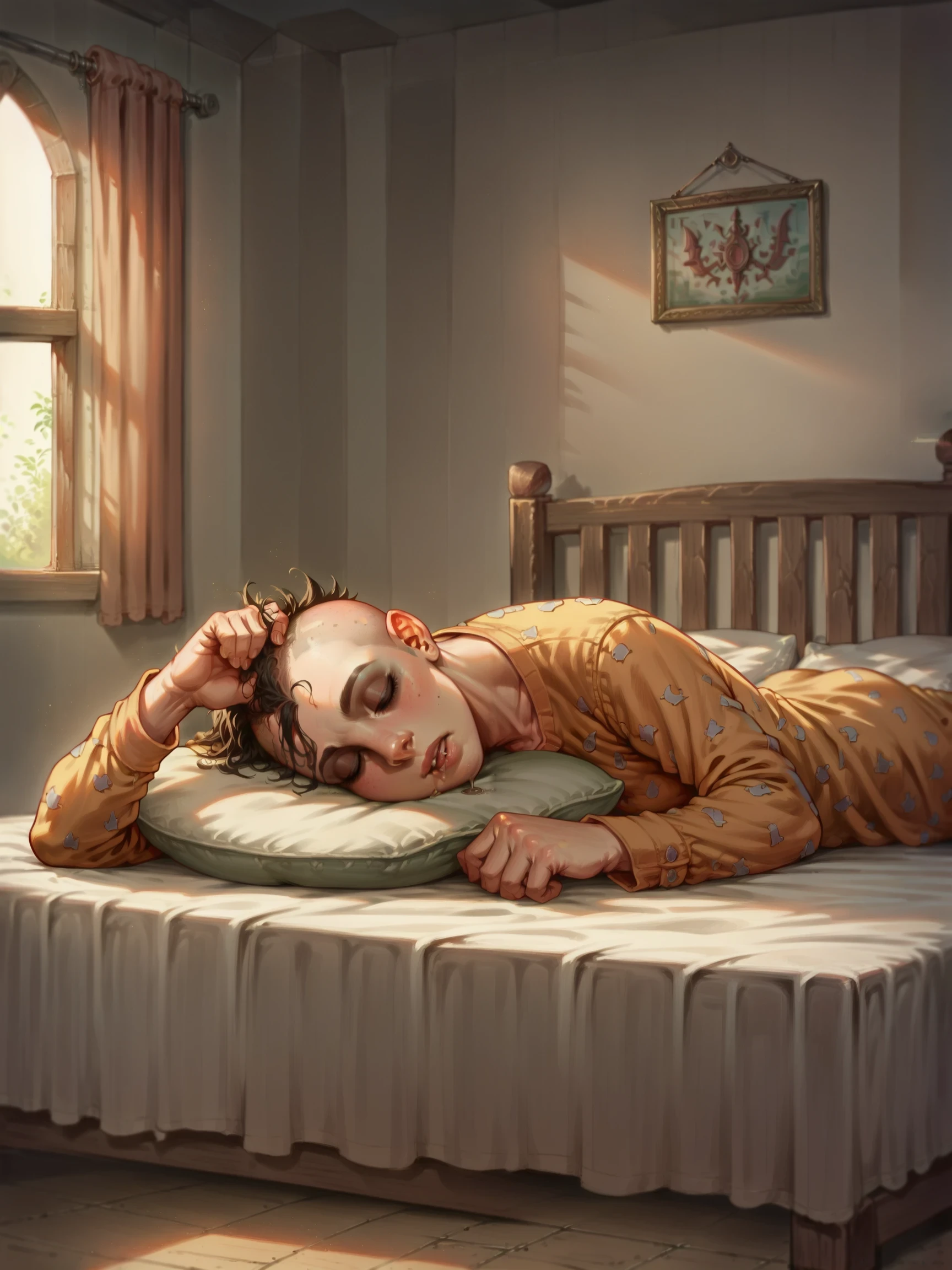 Sham4nForHonor, 1girl, score_9, score_8_up, score_7_up, masterpiece, indoors, bedroom, warpaint,  shaved head, topknot, messy hair, sleeping, drool, in bed, pajamas