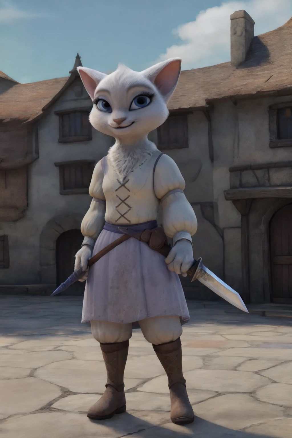 <lora:Dulcinea:0.7>, Dulcinea, cat, furry, looking at viewer, blue sword on back, smile, confident, facing viewer:0.25, cat tail, stance, medieval, town square, glowing sword, cracks in ground:0.5