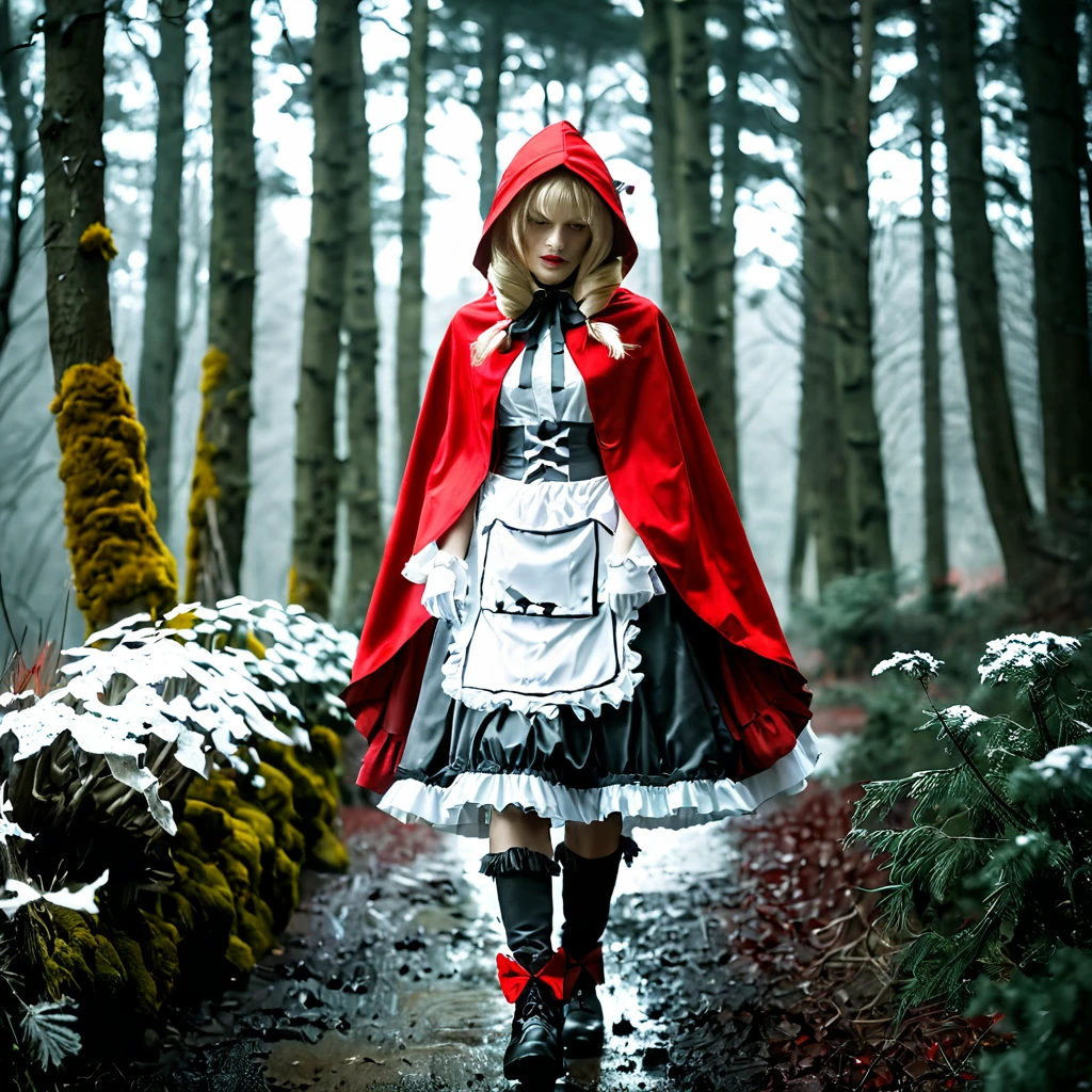 sfw, masterpiece, best quality,absurderes,raw photo,cinematic shot,professional photography,film grain,full body,walking,1girl,solo,chaperomon, maid dress, hair over eyes,blonde hair,red hood,outdoors,foresy, <lora:ChaperomonXL:1>