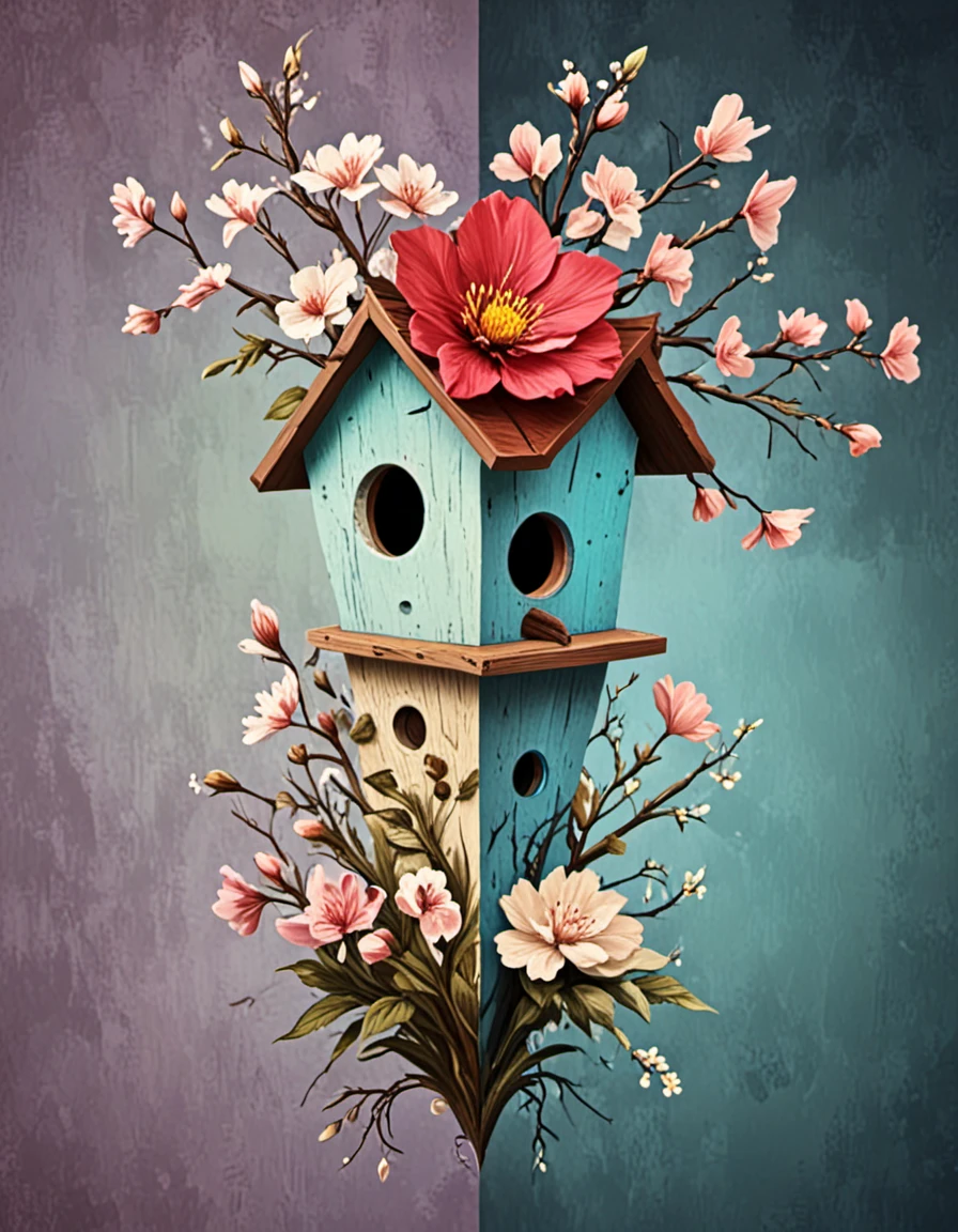novuschroma69 split dichotomy birdhouse with flowers <lora:novuschroma69 split:1.35> <lora:sdxl_lightning_8step_lora:1>