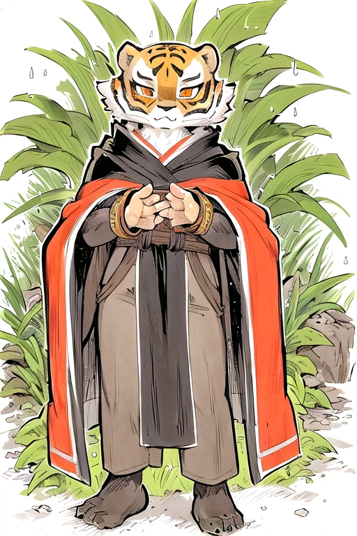 (masterpiece), daigaijinTraditionalStyle, traditional media artwork, watercolor artwork, anthro, tiger, jungle, rain, mysterious, solo, fur, orange fur, black fur, clothed, cloak, looking at viewer, hi res